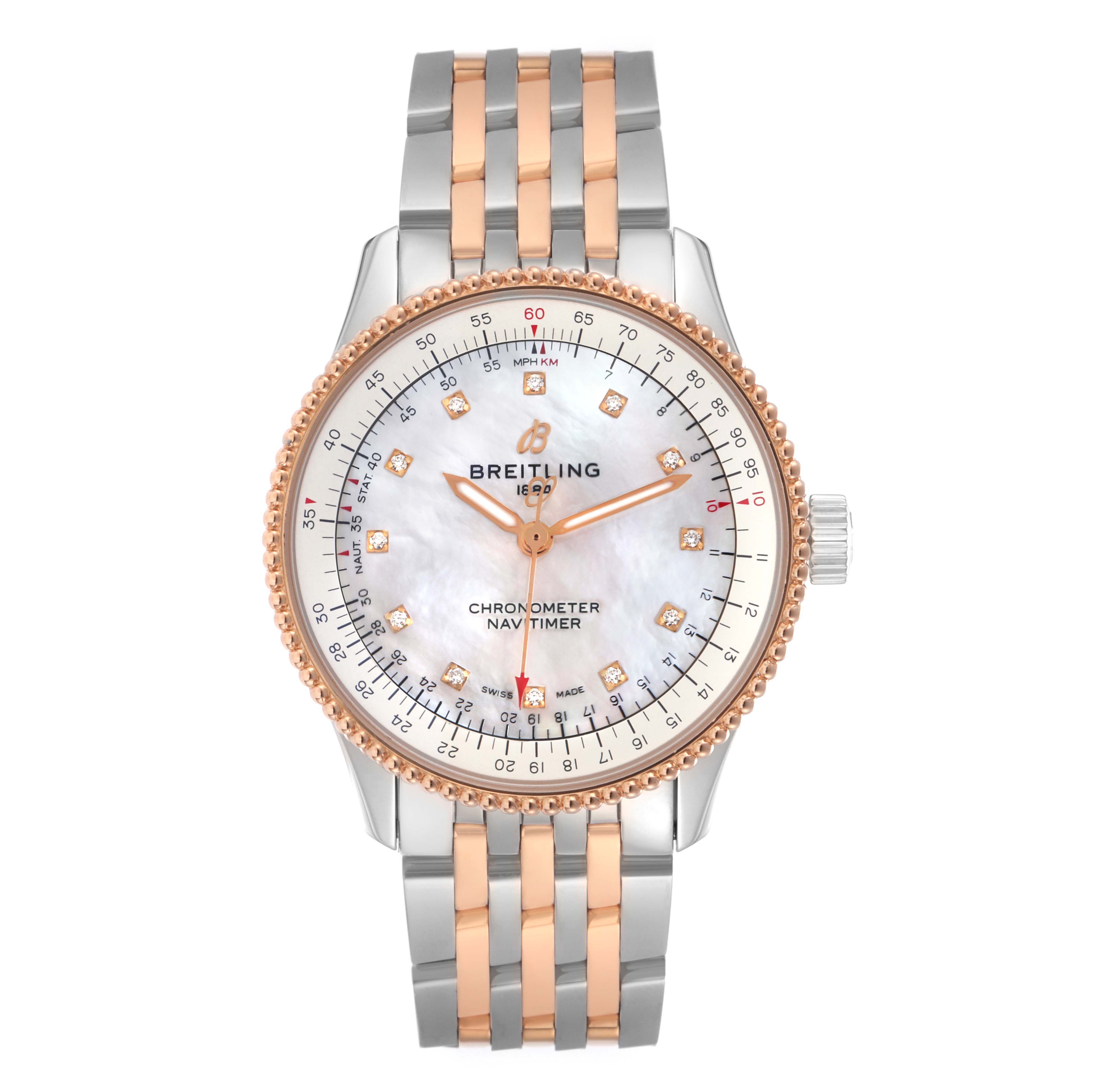The Breitling U17395 Women
s Steel and Gold (two tone) Mother of Pearl Dial U17395 Women
s Steel and Gold (two tone) Mother of Pearl Dial Navitimer 35 MOP Diamond Dial Steel Ladies Watch U17395 is shown from the front, highlighting the face and bracelet.