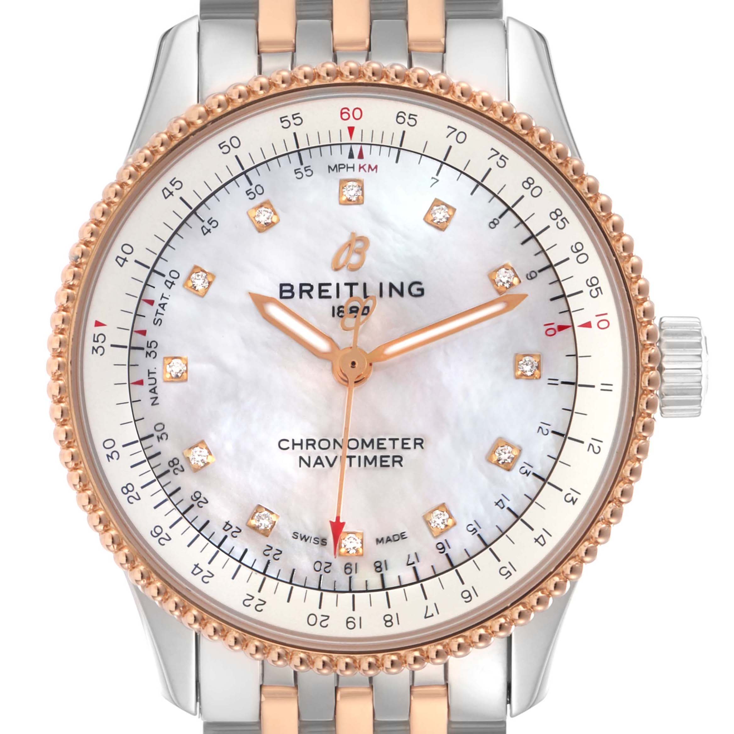 The image shows a front view of the Breitling U17395 Women
s Steel and Gold (two tone) Mother of Pearl Dial U17395 Women
s Steel and Gold (two tone) Mother of Pearl Dial Navitimer 35 MOP Diamond Dial Steel Ladies Watch U17395, focusing on the dial and bezel.