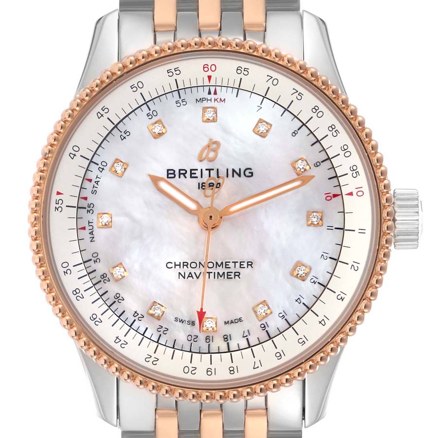 The image shows a front view of the Breitling Navitimer 35 MOP Diamond Dial Steel Ladies Watch U17395, focusing on the dial and bezel.
