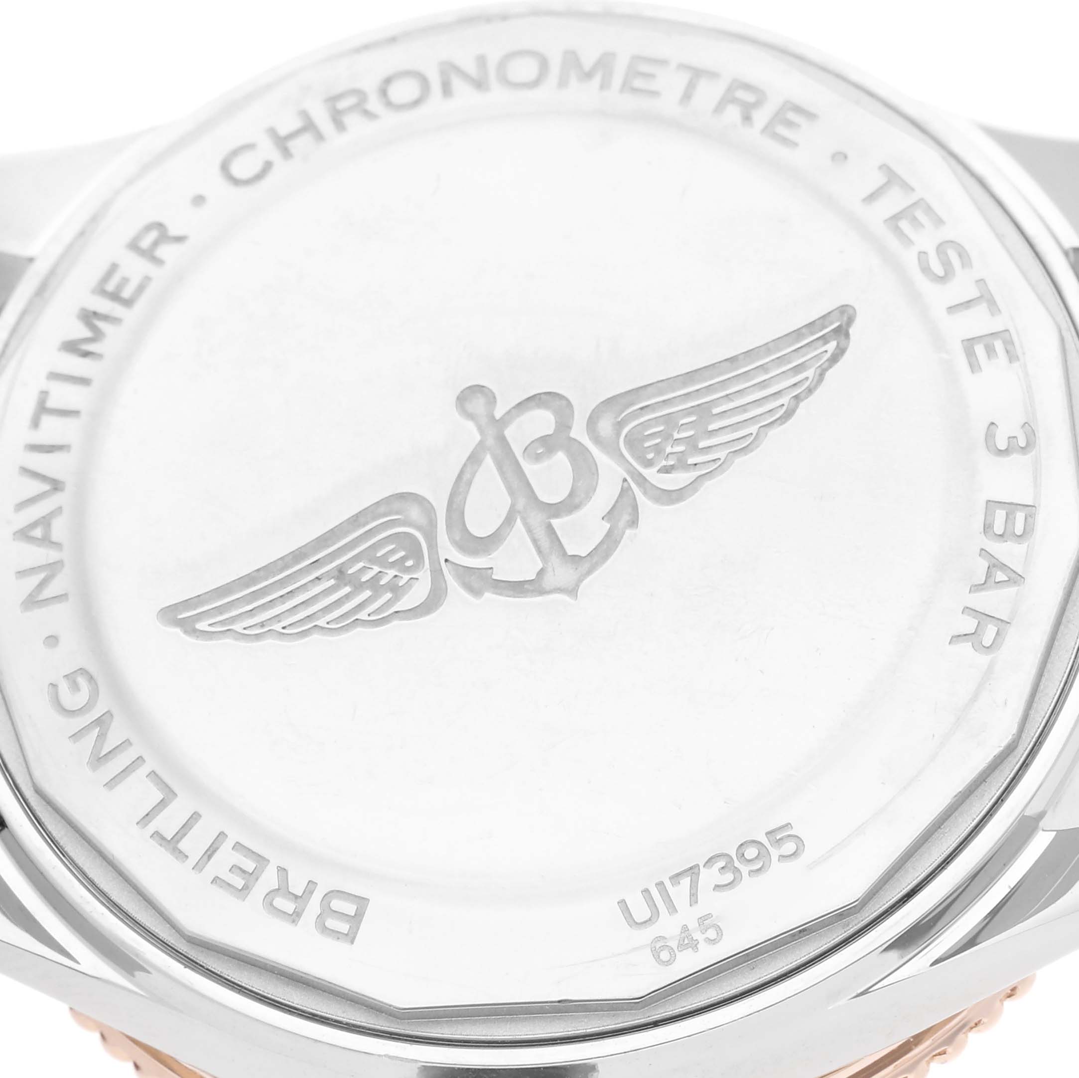 The image shows the back case of the Breitling U17395 Women
s Steel and Gold (two tone) Mother of Pearl Dial U17395 Women
s Steel and Gold (two tone) Mother of Pearl Dial Navitimer 35 MOP Diamond Dial Steel Ladies Watch U17395, featuring its engraving.