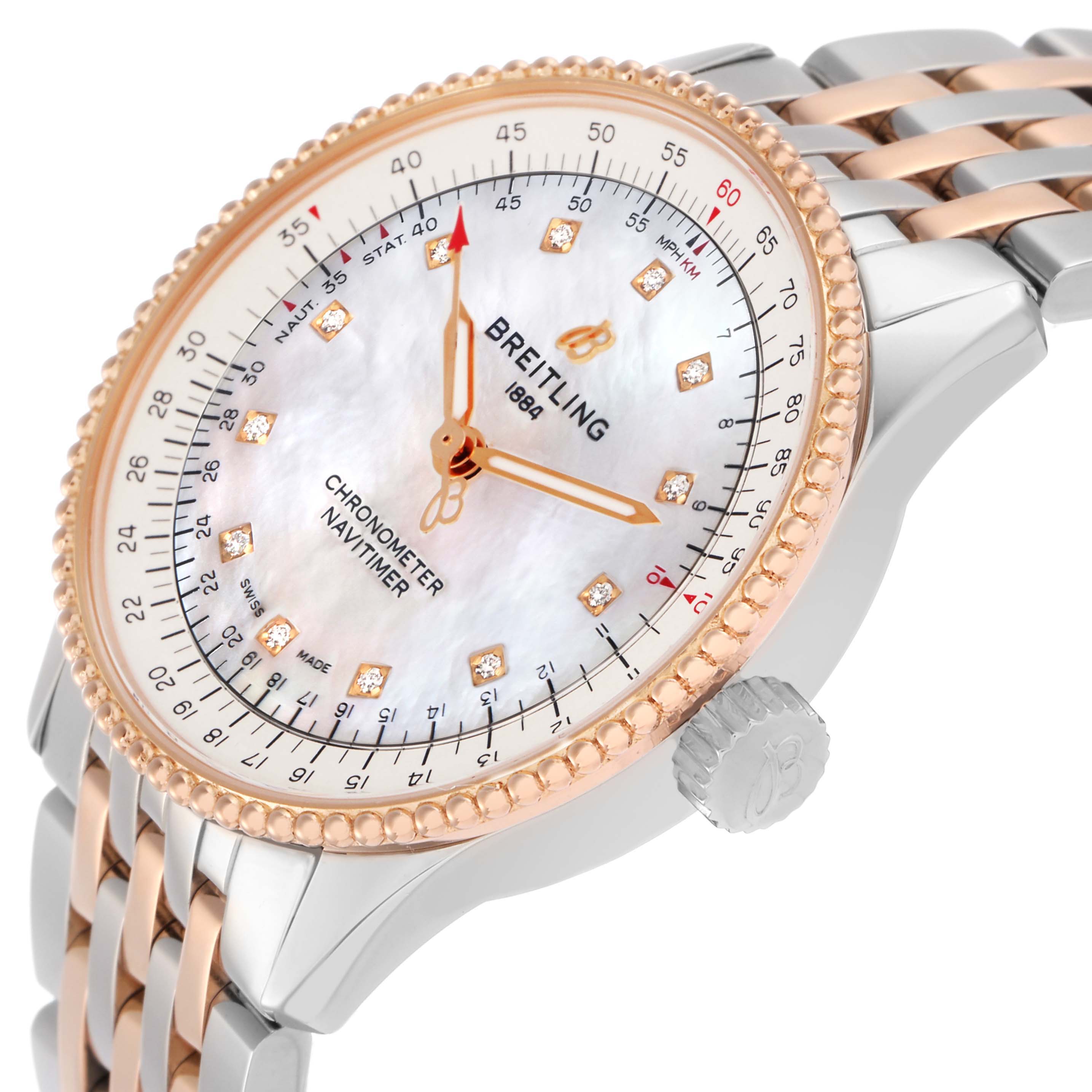 The Breitling U17395 Women
s Steel and Gold (two tone) Mother of Pearl Dial U17395 Women
s Steel and Gold (two tone) Mother of Pearl Dial Navitimer 35 U17395 is shown from an angled view, highlighting its MOP diamond dial, rose gold bezel, and two-tone bracelet.