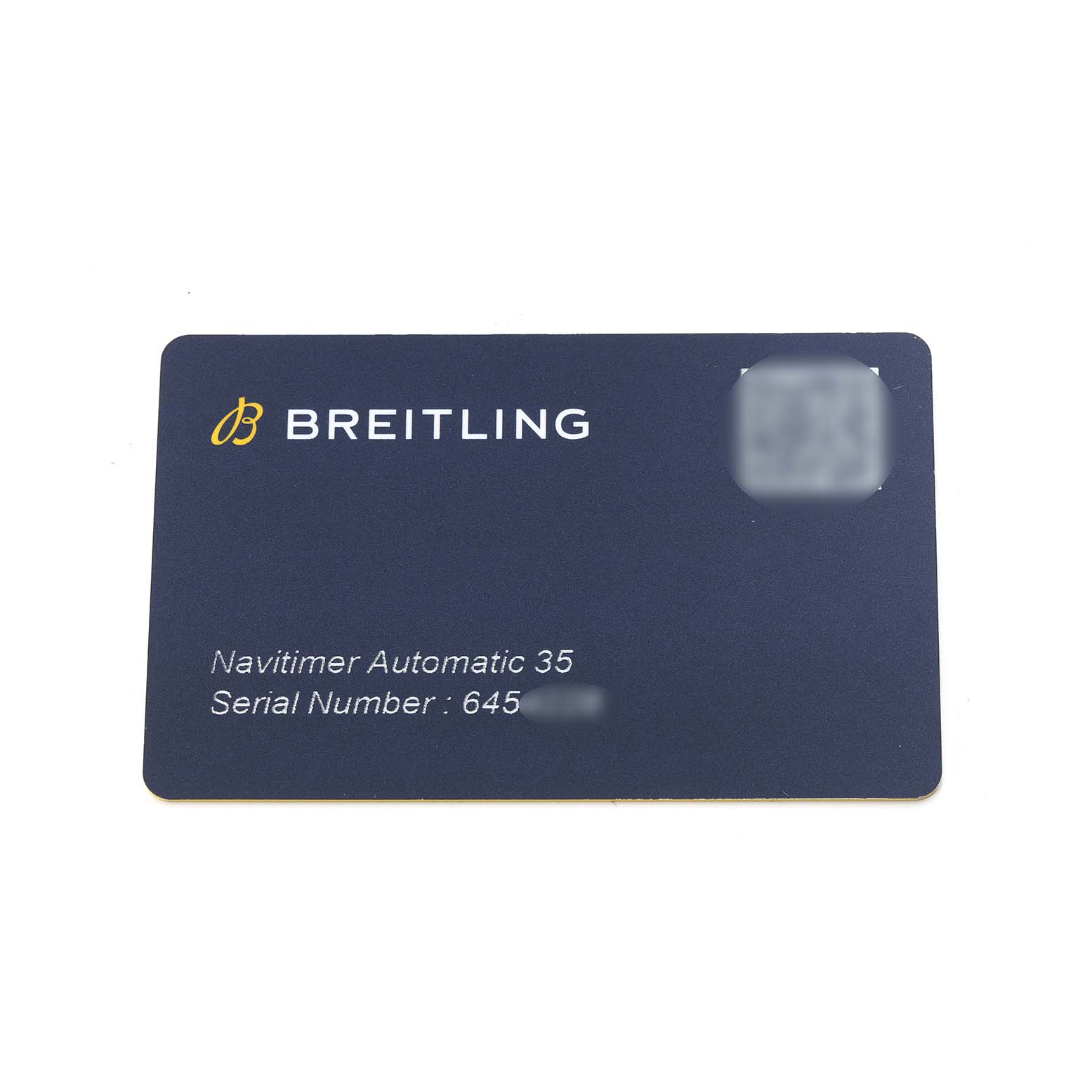 The image shows a Breitling U17395 Women
s Steel and Gold (two tone) Mother of Pearl Dial U17395 Women
s Steel and Gold (two tone) Mother of Pearl Dial Navitimer Automatic 35 model
s card with brand and serial number details.