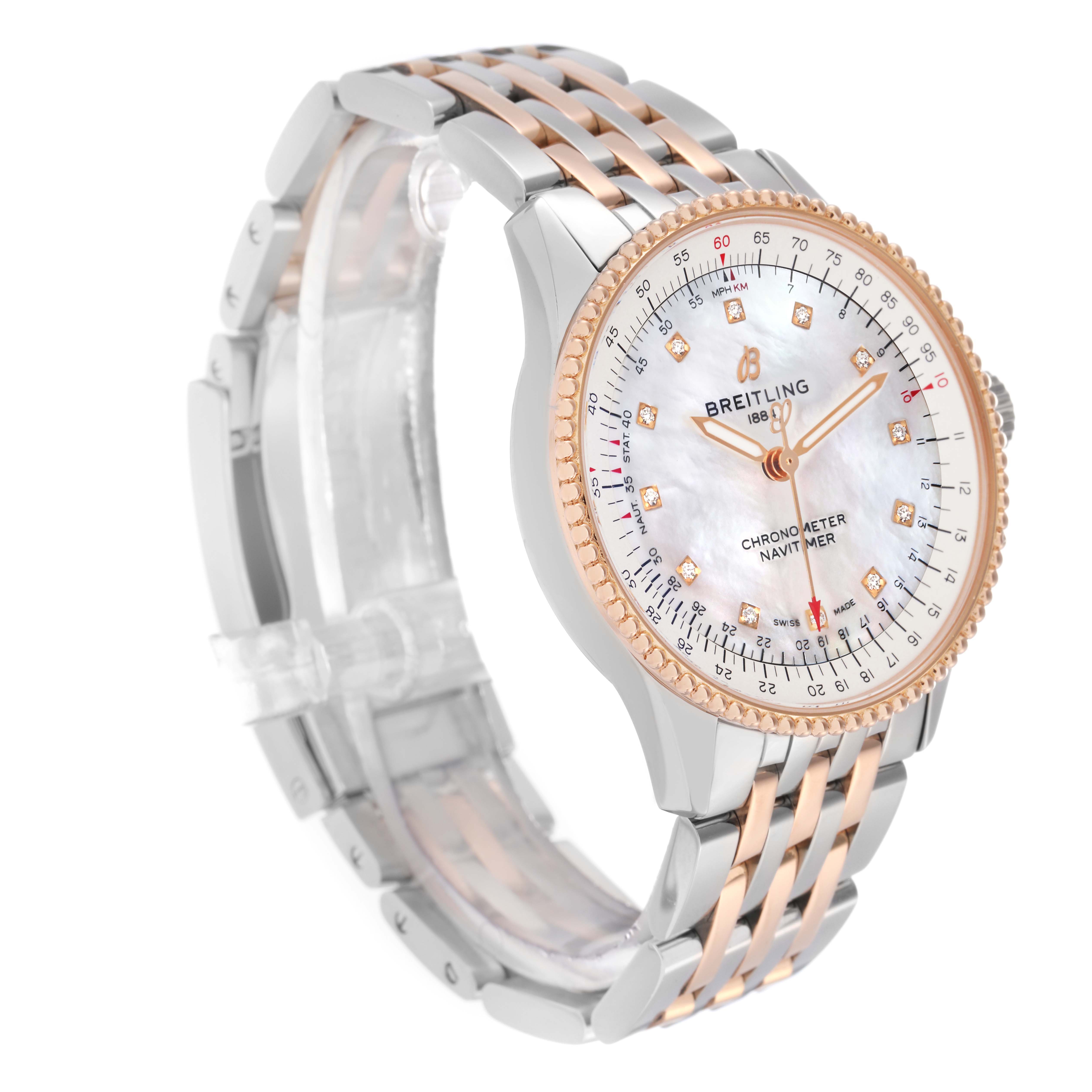 The Breitling U17395 Women
s Steel and Gold (two tone) Mother of Pearl Dial U17395 Women
s Steel and Gold (two tone) Mother of Pearl Dial Navitimer 35 shows a three-quarter view highlighting the diamond dial, bezel, and two-tone bracelet.