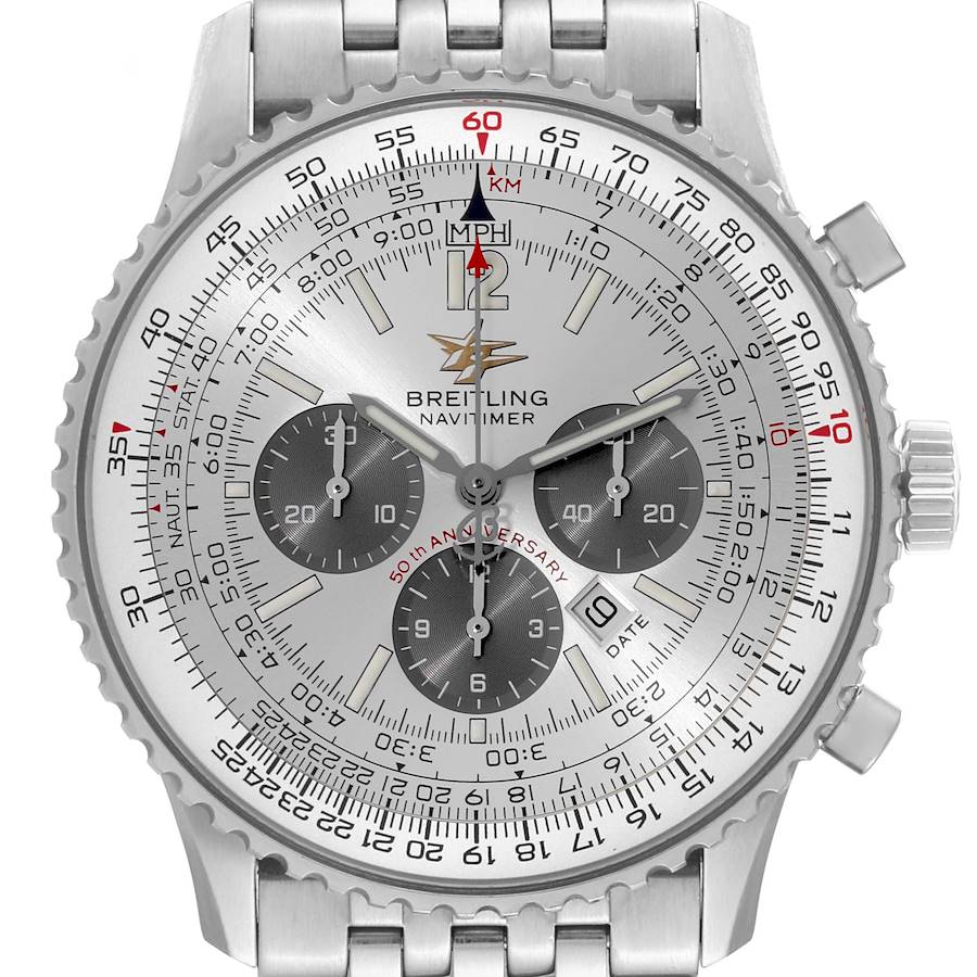 Breitling Navitimer 50th Anniversary Silver Dial Mens Watch A41322 SwissWatchExpo