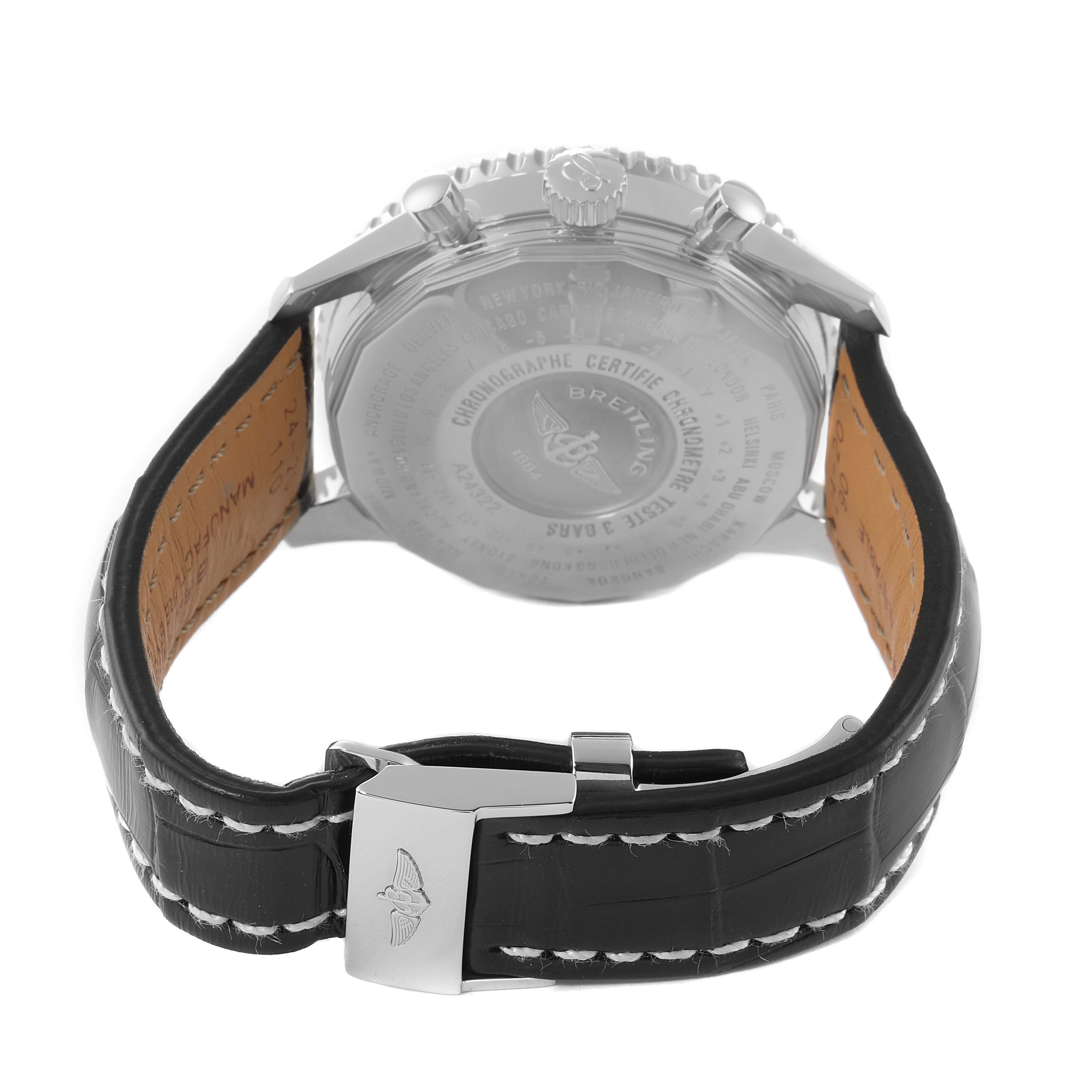 The Breitling Navitimer A24322 Men
s Stainless Steel Black Dial A24322 Men
s Stainless Steel Black Dial watch is shown from the back, highlighting the clasp, leather strap, and case back details.