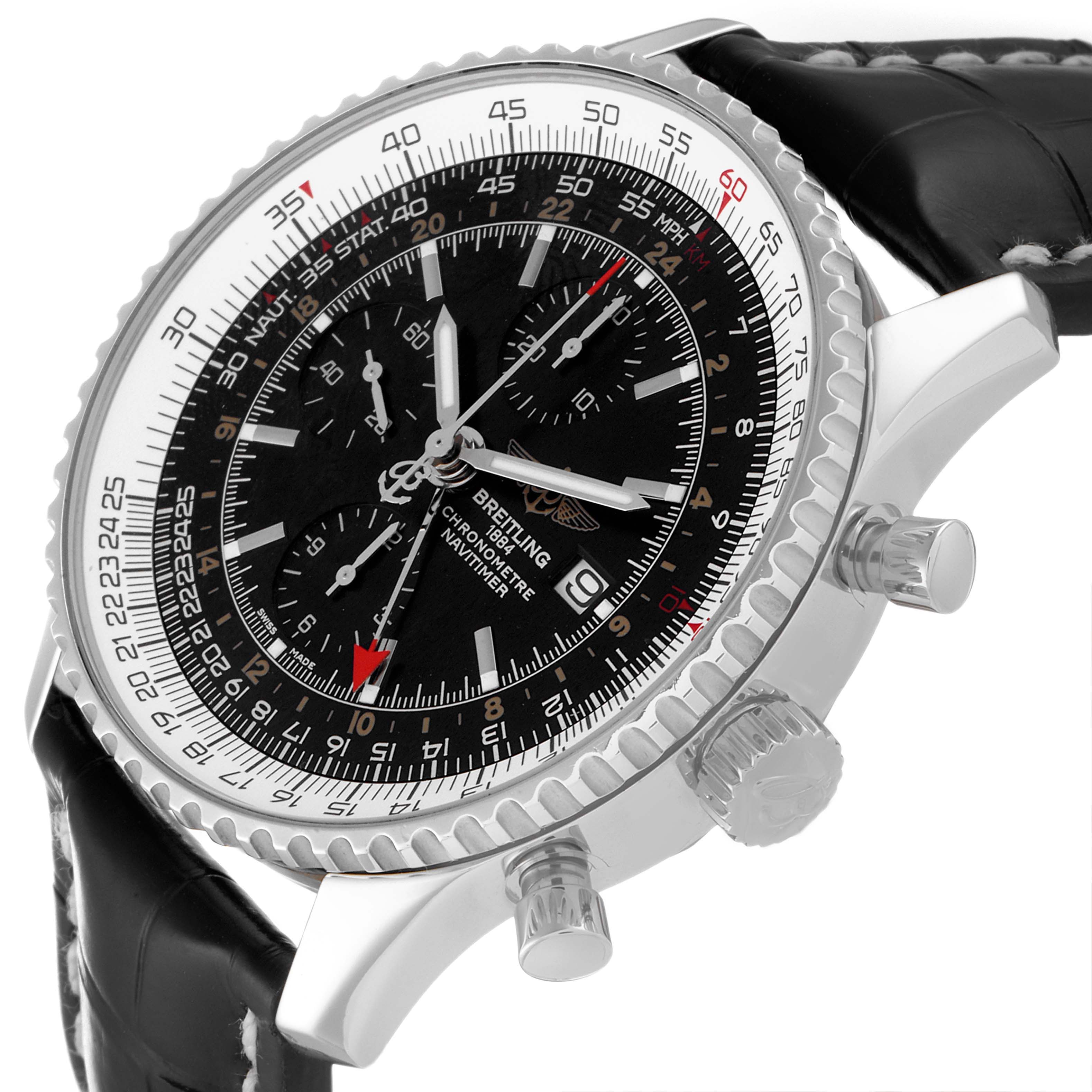 The Breitling Navitimer A24322 Men
s Stainless Steel Black Dial A24322 Men
s Stainless Steel Black Dial watch is shown at a side angle, focusing on the face, bezel, crown, pushers, and leather strap.