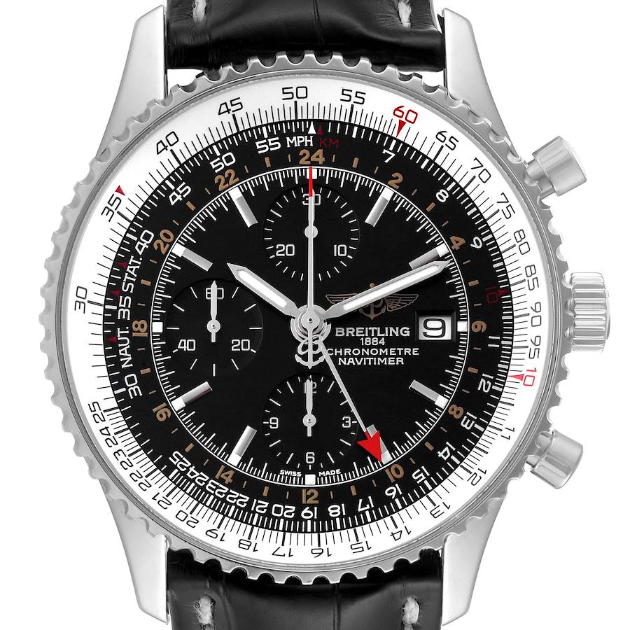 The Breitling Navitimer is shown from a front angle, displaying its dial, chronograph subdials, rotating bezel, and date window.