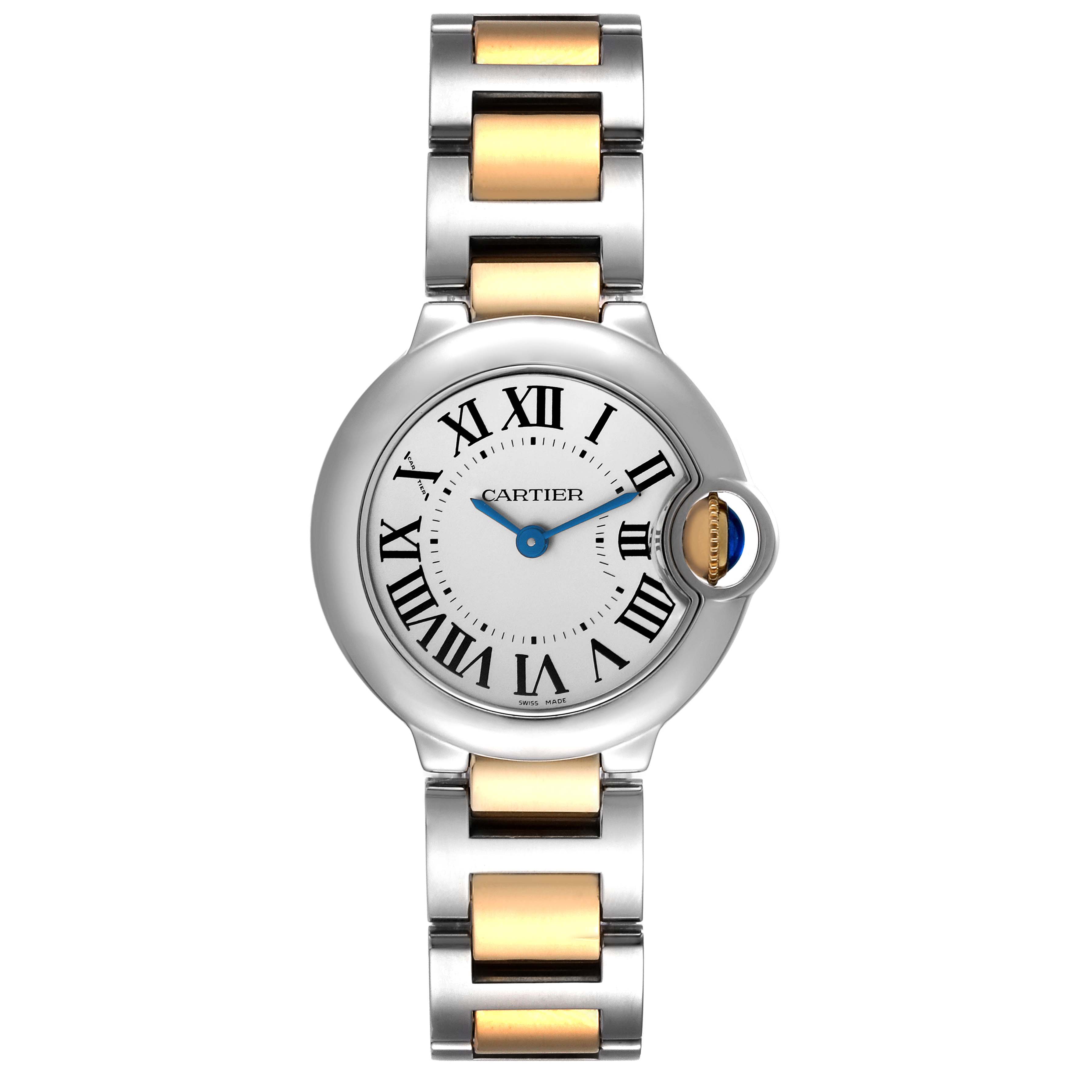 This image shows a front view of the Ballon Bleu by Cartier, highlighting its dial, Roman numeral markers, and bi-metal bracelet.