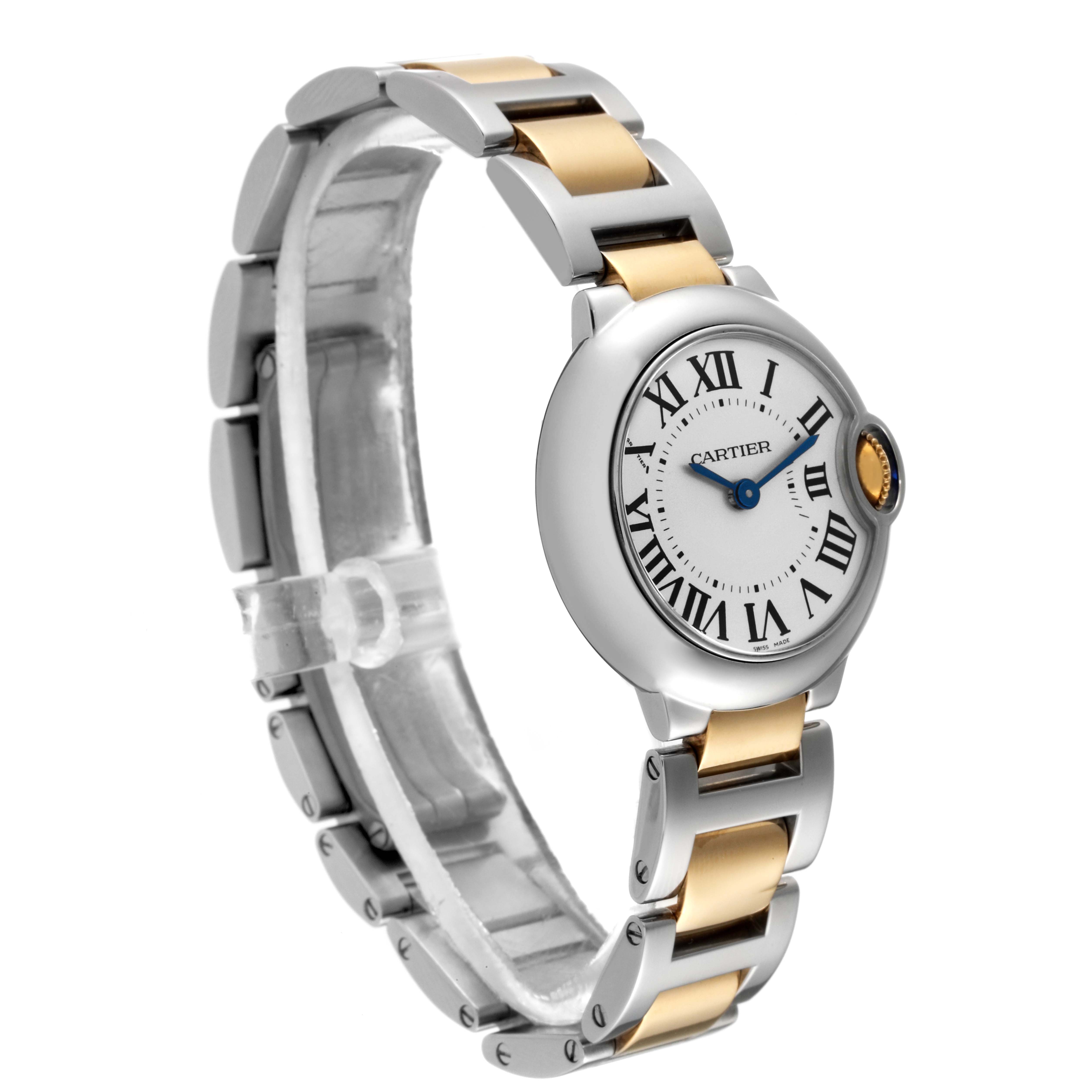 The image shows a side view of a Cartier Ballon Bleu W69007Z3 Women
s Steel and Gold (two tone) Silver Dial W69007Z3 Women
s Steel and Gold (two tone) Silver Dial watch displaying its dial, crown, and metal bracelet with gold and silver links.