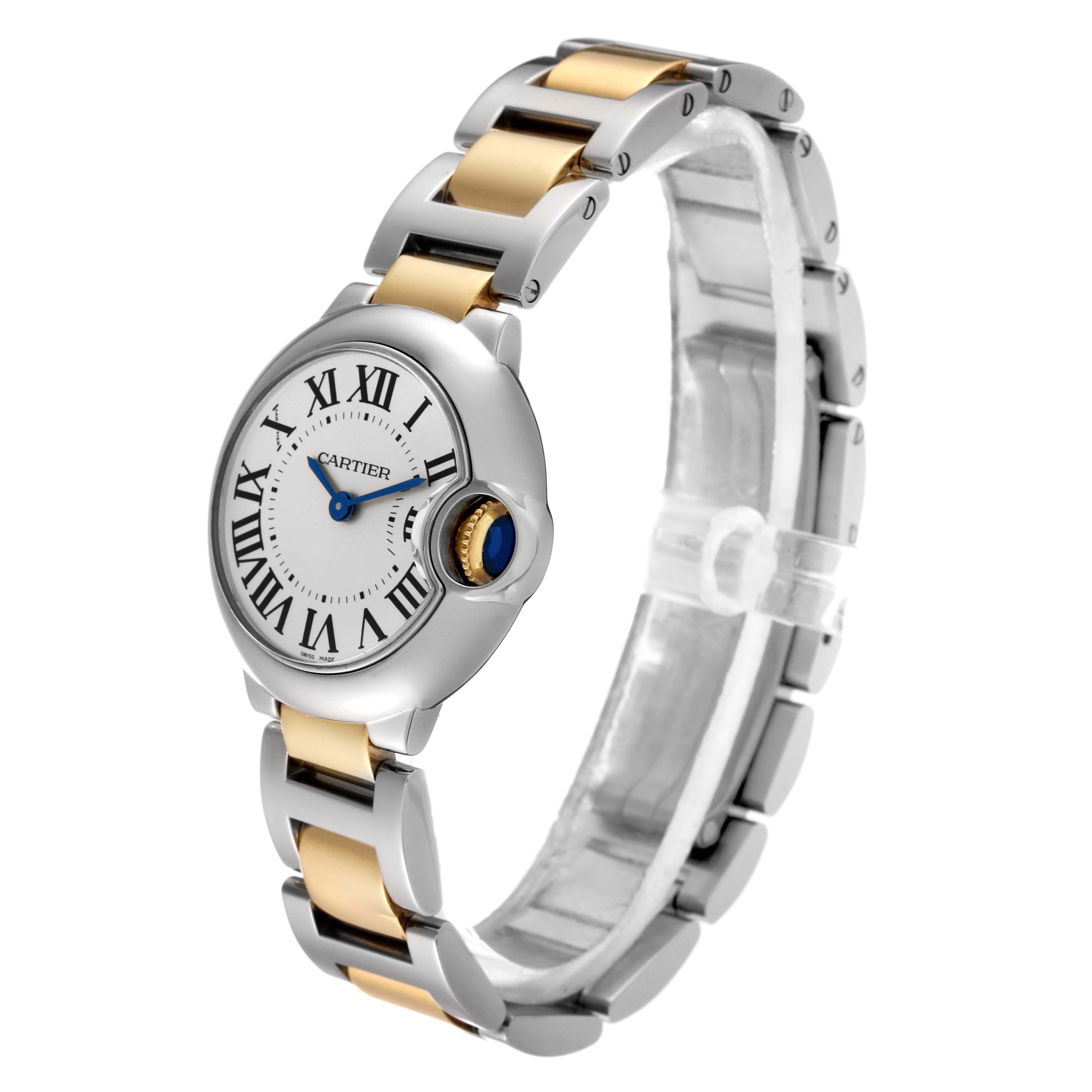 The Cartier Ballon Bleu W69007Z3 Women
s Steel and Gold (two tone) Silver Dial W69007Z3 Women
s Steel and Gold (two tone) Silver Dial watch is shown in a front angled view, highlighting its round face and dual-tone bracelet.