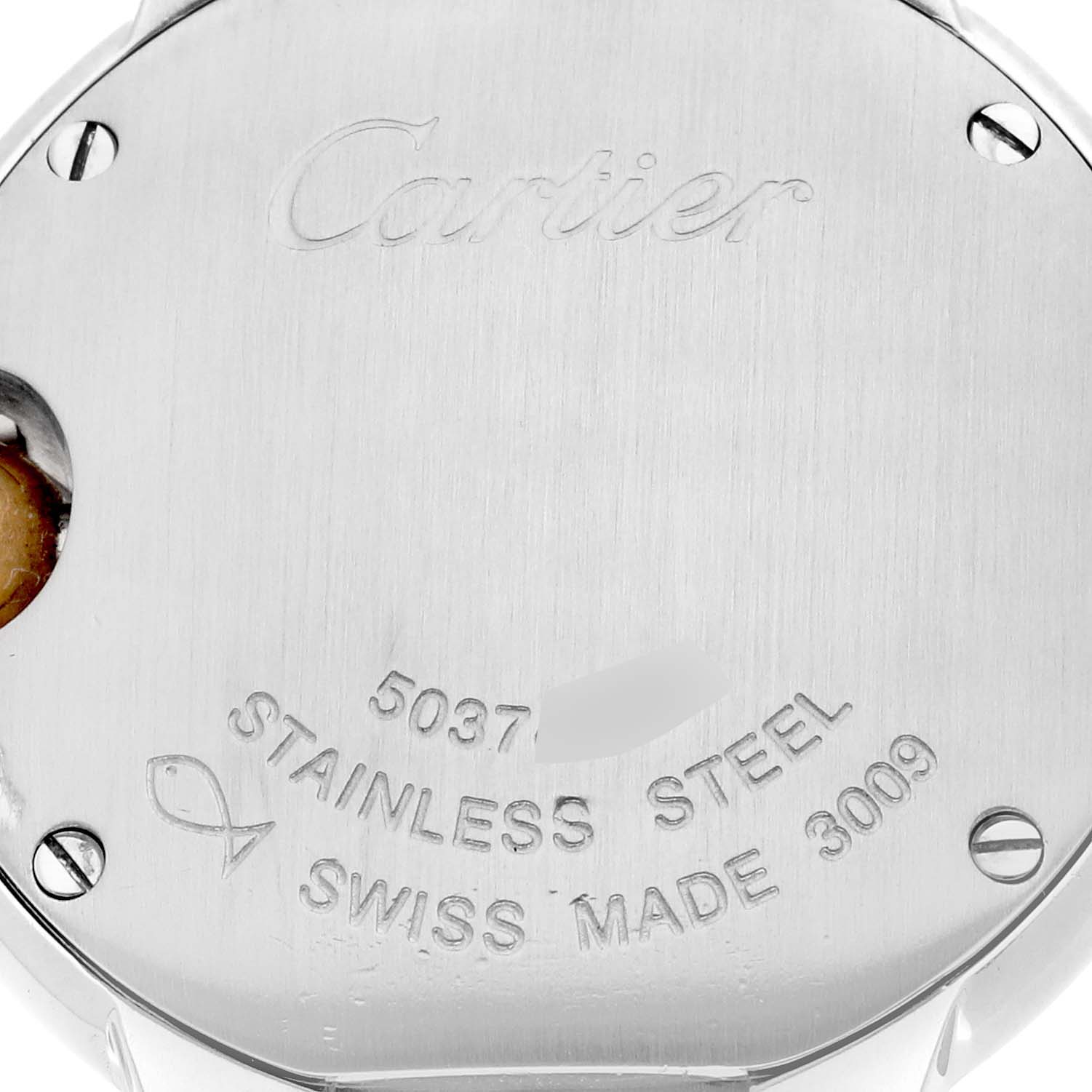 The image shows the back of a Cartier Ballon Bleu W69007Z3 Women
s Steel and Gold (two tone) Silver Dial W69007Z3 Women
s Steel and Gold (two tone) Silver Dial watch, highlighting the "Cartier" engraving and specifications like "Stainless Steel" and "Swiss Made."
