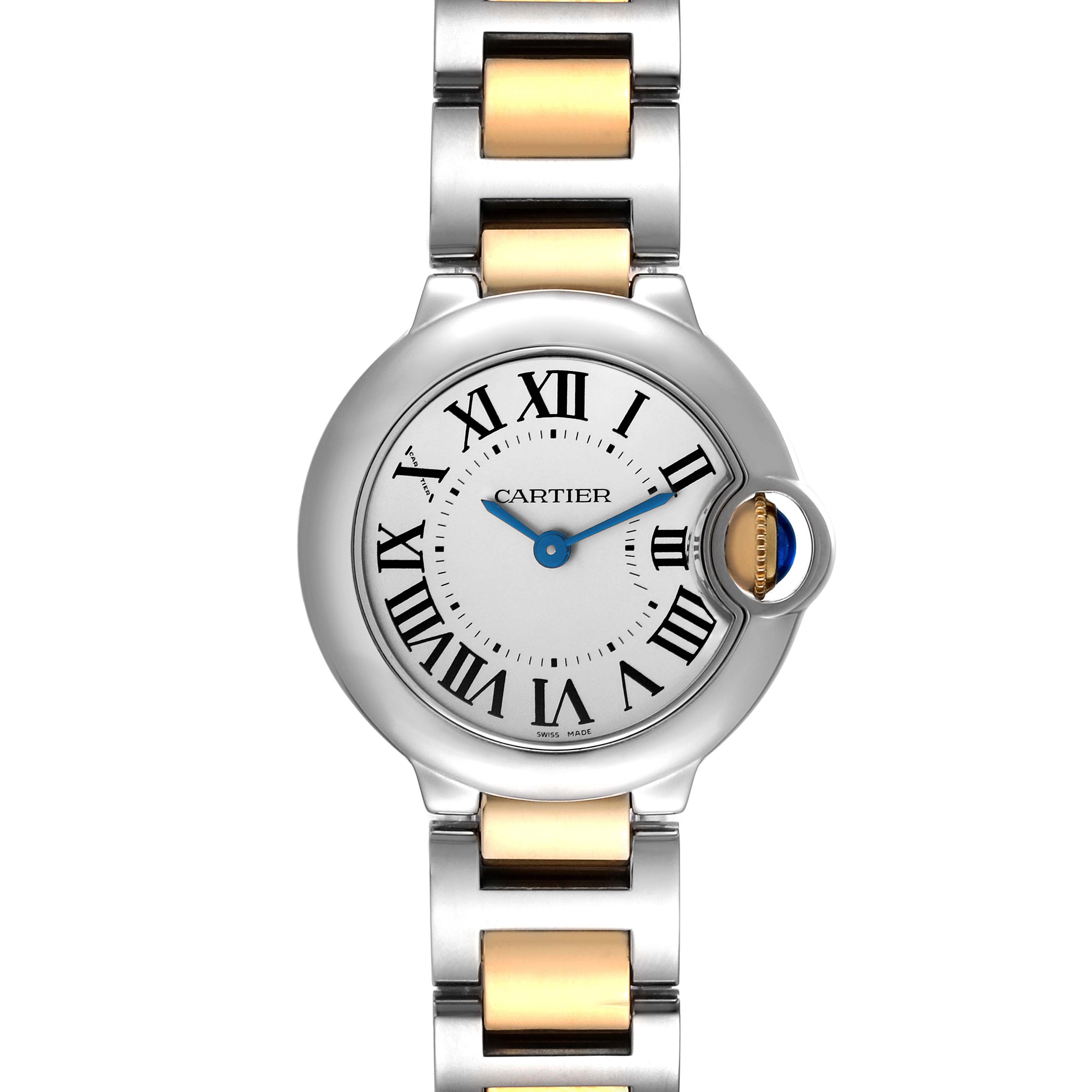 The image shows a top-down view of the Cartier Ballon Bleu W69007Z3 Women
s Steel and Gold (two tone) Silver Dial W69007Z3 Women
s Steel and Gold (two tone) Silver Dial watch, highlighting its face, Roman numerals, and two-tone bracelet.