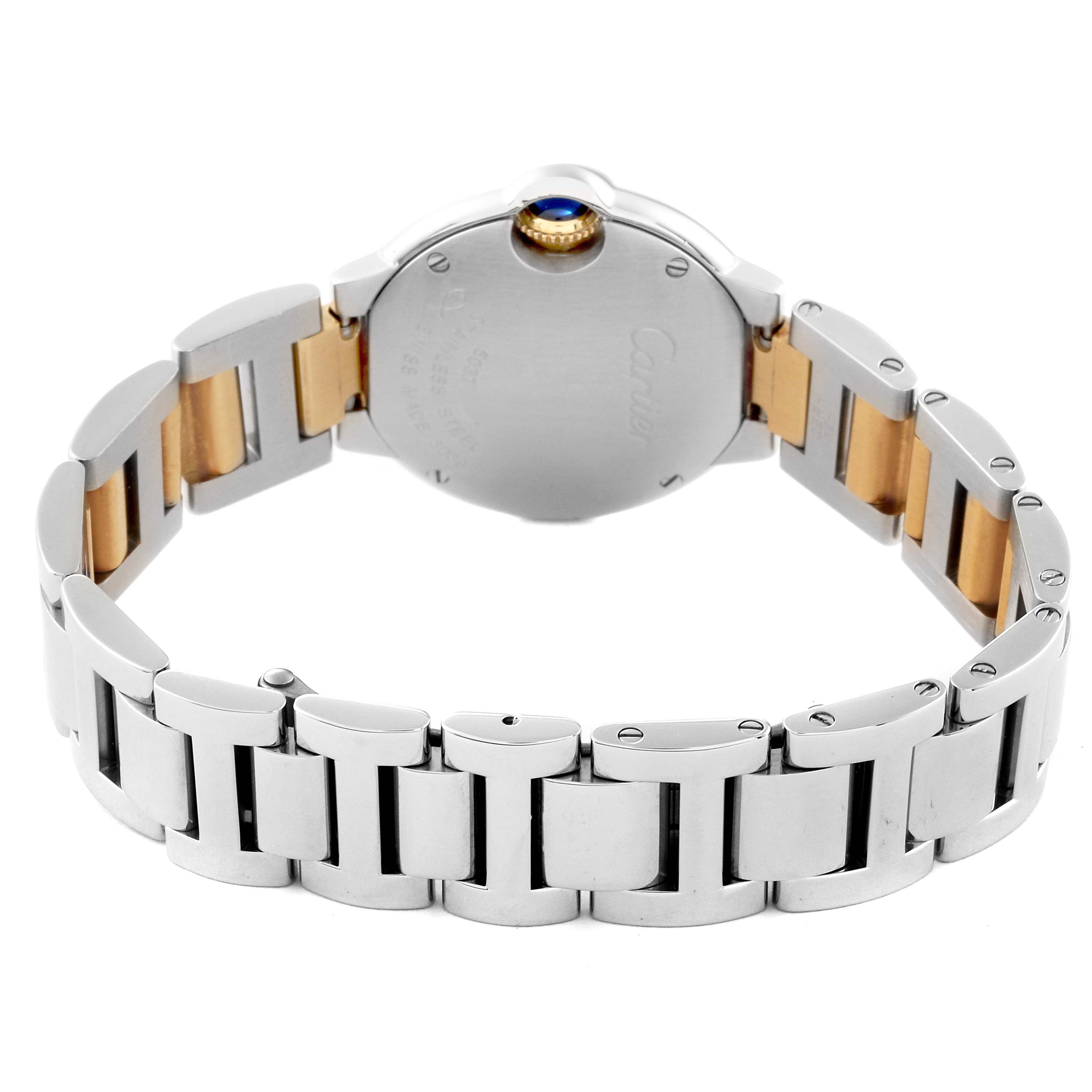 This image shows the back view of a Cartier Ballon Bleu W69007Z3 Women
s Steel and Gold (two tone) Silver Dial W69007Z3 Women
s Steel and Gold (two tone) Silver Dial watch, highlighting its metal bracelet and the case back with the crown and blue cabochon.