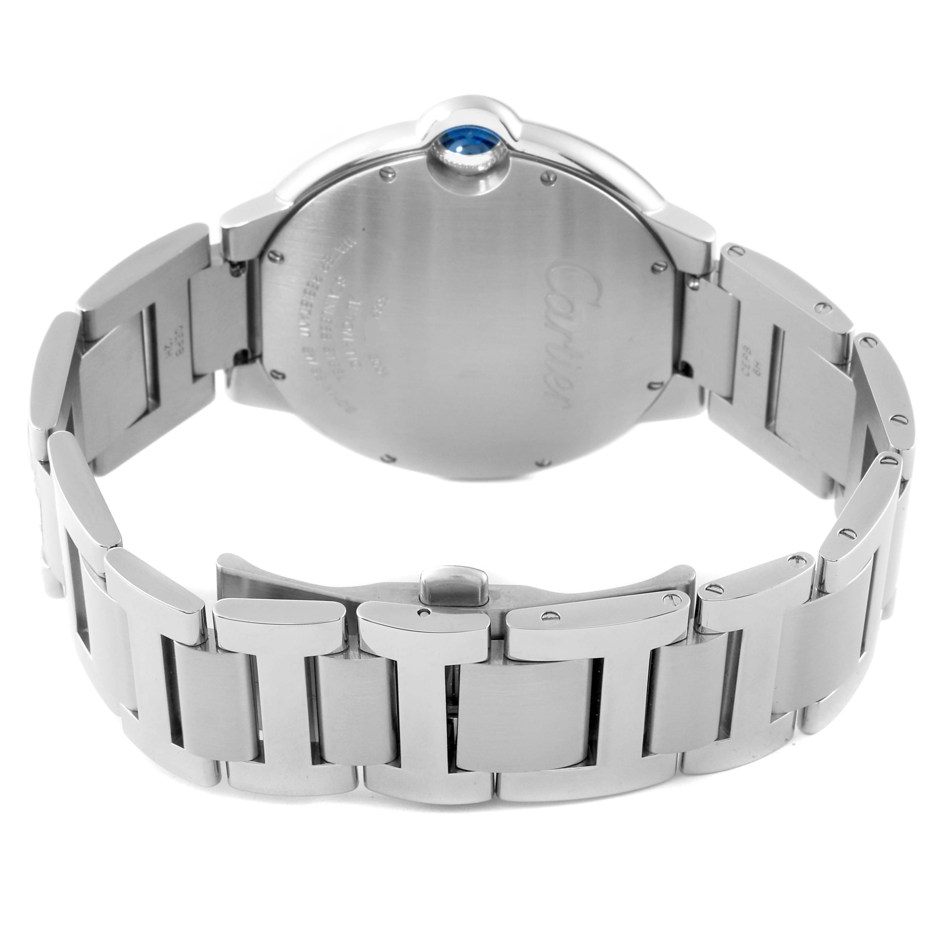 The image shows the back case and bracelet of a Cartier Ballon Bleu W69012Z4 Men
s Stainless Steel Silver Dial W69012Z4 Men
s Stainless Steel Silver Dial watch.