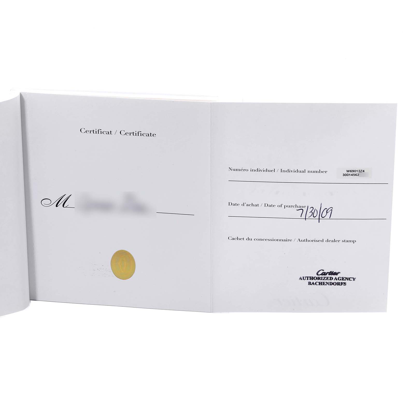 This image shows the certificate of Best Quality
ity and purchase details for a Ballon Bleu watch by Cartier.