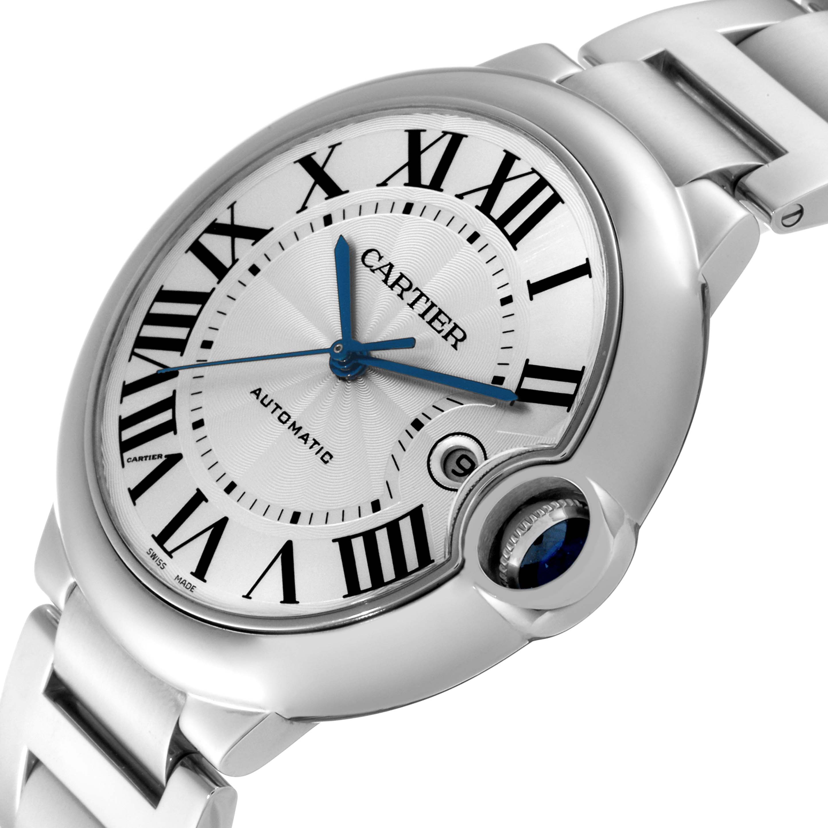 The image shows a close-up, angled view of the dial and part of the bracelet of the Cartier Ballon Bleu W69012Z4 Men
s Stainless Steel Silver Dial W69012Z4 Men
s Stainless Steel Silver Dial model watch.