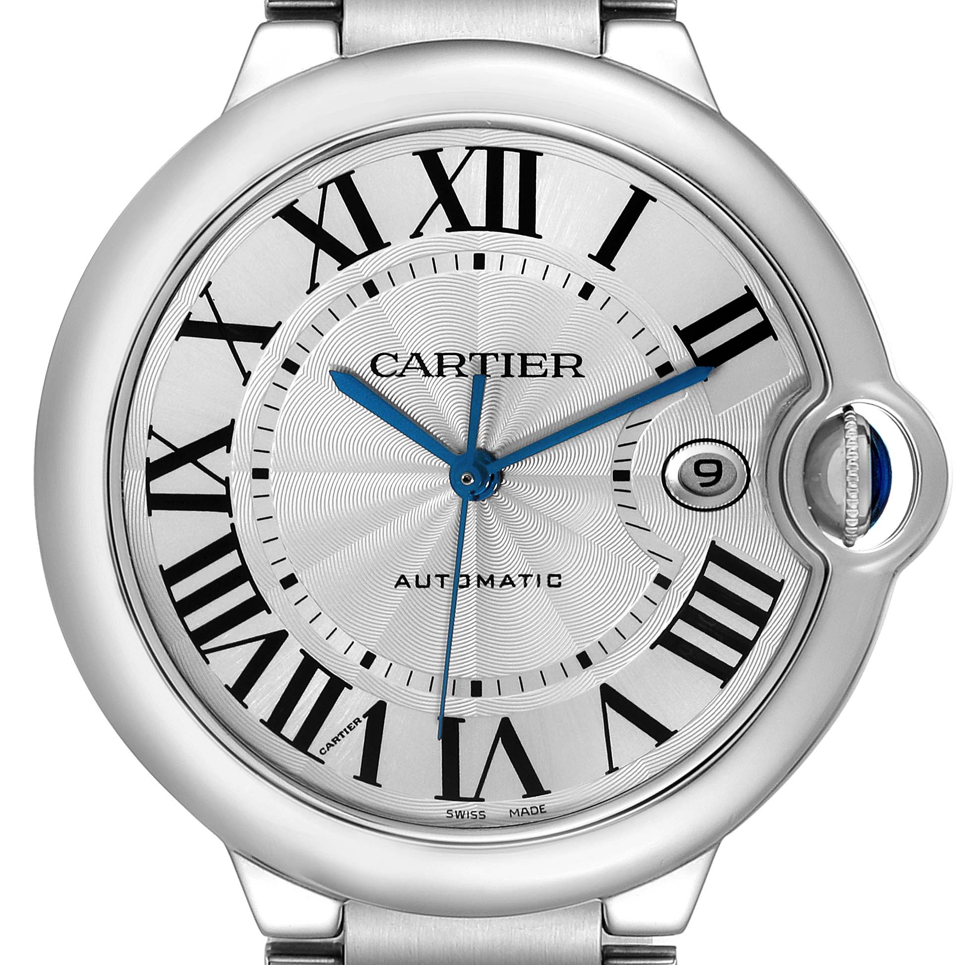 The image shows a close-up of the dial and case of a Cartier Ballon Bleu W69012Z4 Men
s Stainless Steel Silver Dial W69012Z4 Men
s Stainless Steel Silver Dial watch, highlighting the Roman numerals and blue hands.