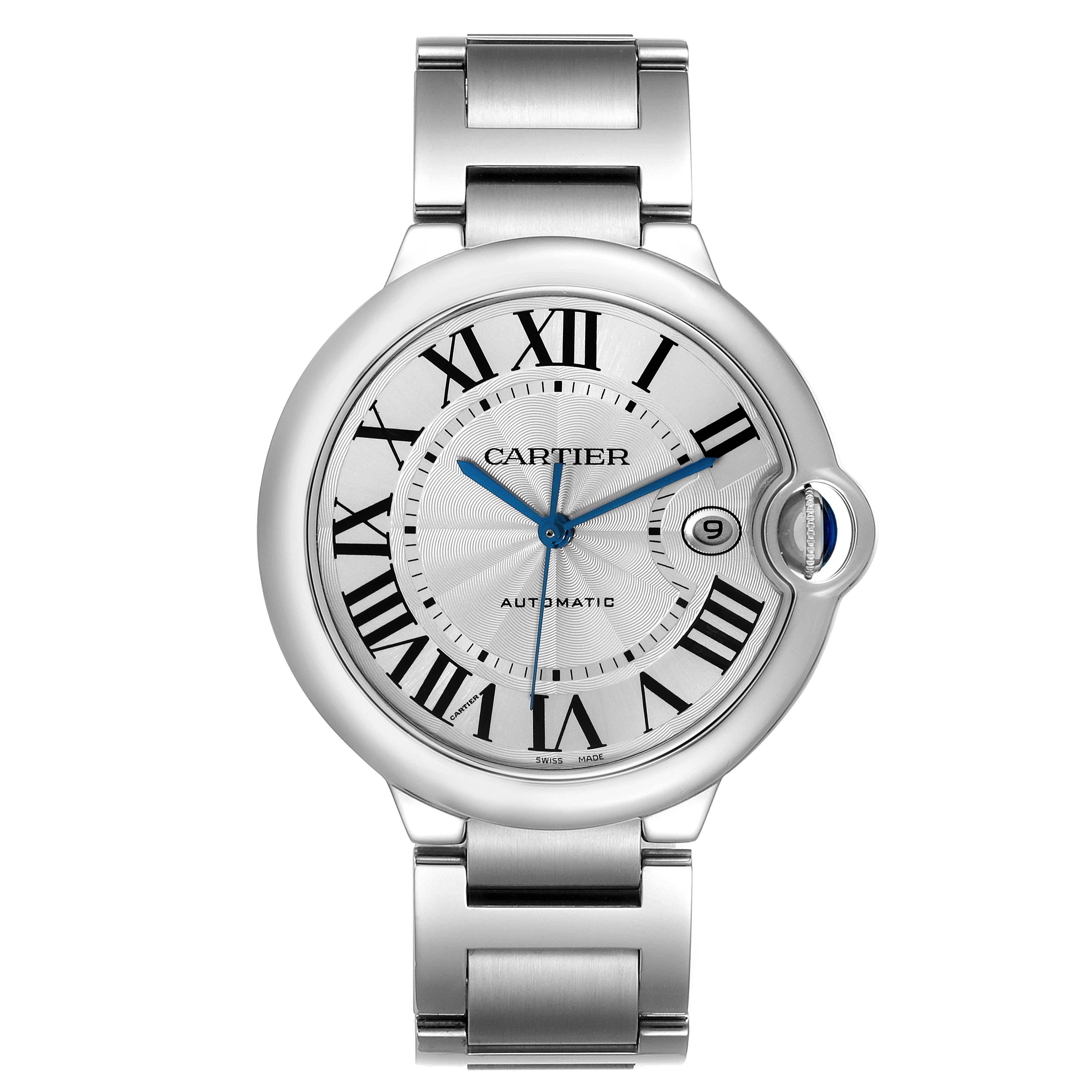 The image shows a front view of the Ballon Bleu by Cartier, highlighting its dial, Roman numerals, and metal bracelet.
