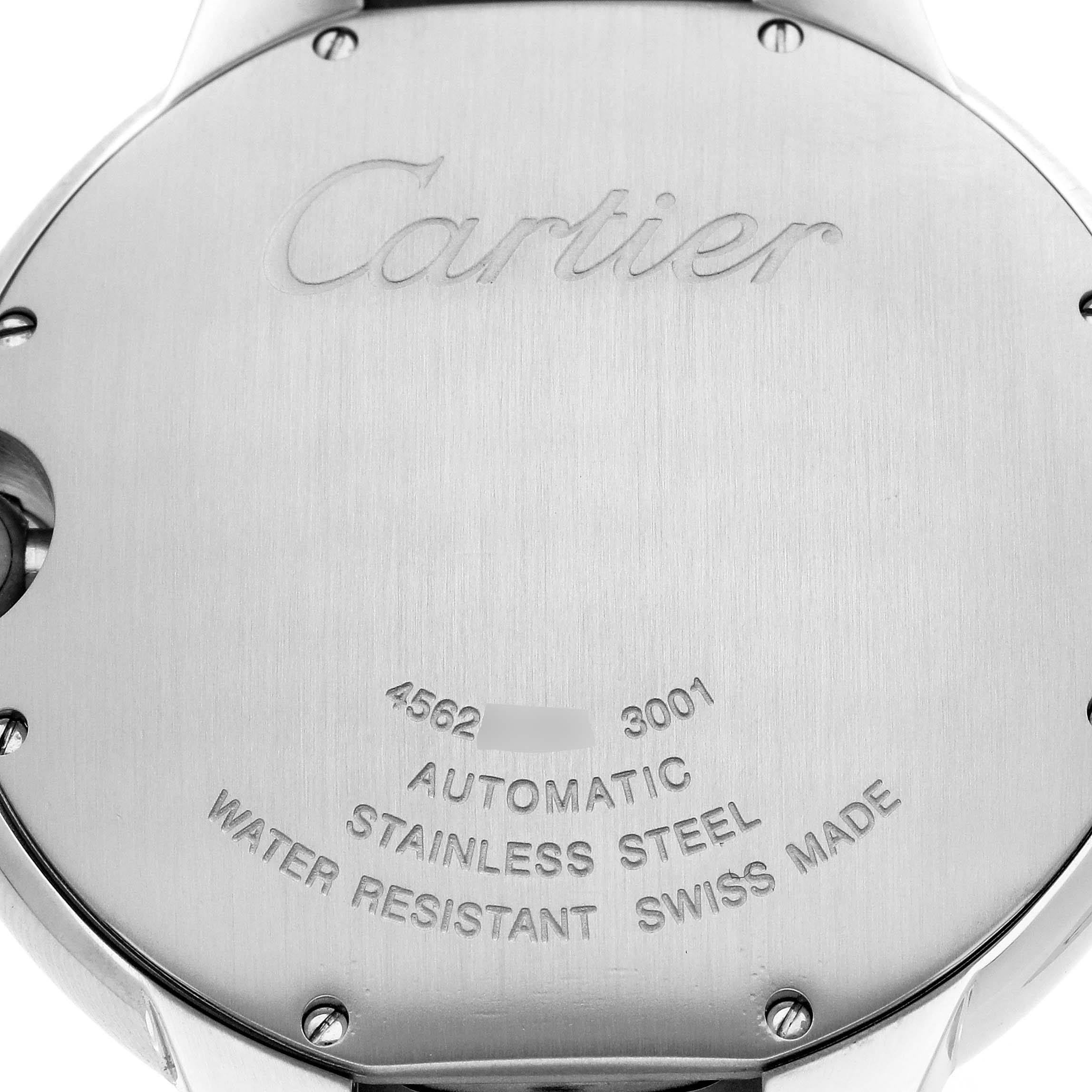 The image shows the back case of a Ballon Bleu de Cartier watch, highlighting its brand engraving and specifications.