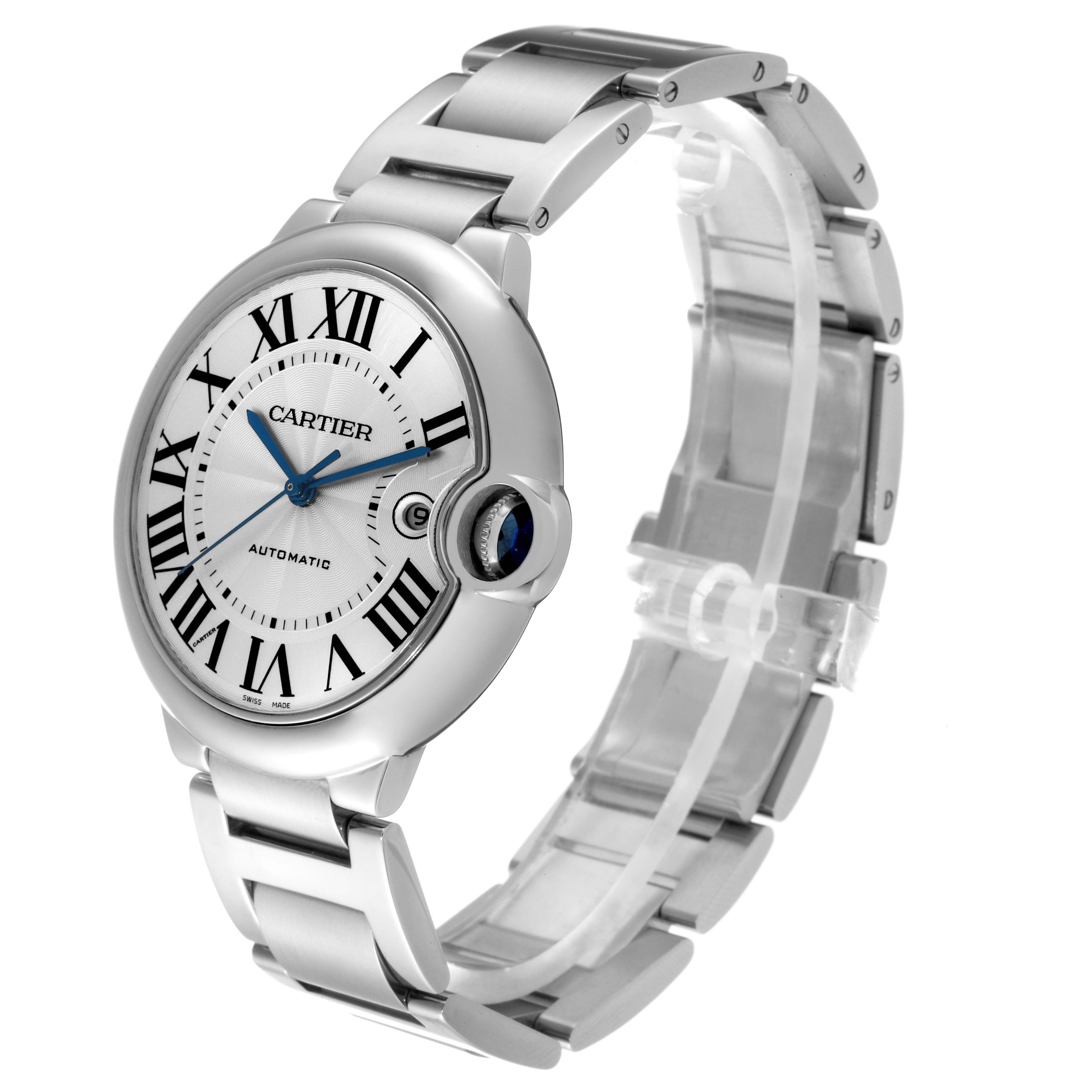 The image shows a Cartier Ballon Bleu W69012Z4 Men
s Stainless Steel Silver Dial W69012Z4 Men
s Stainless Steel Silver Dial watch at a three-quarter angle, highlighting its dial, bezel, and metal bracelet.