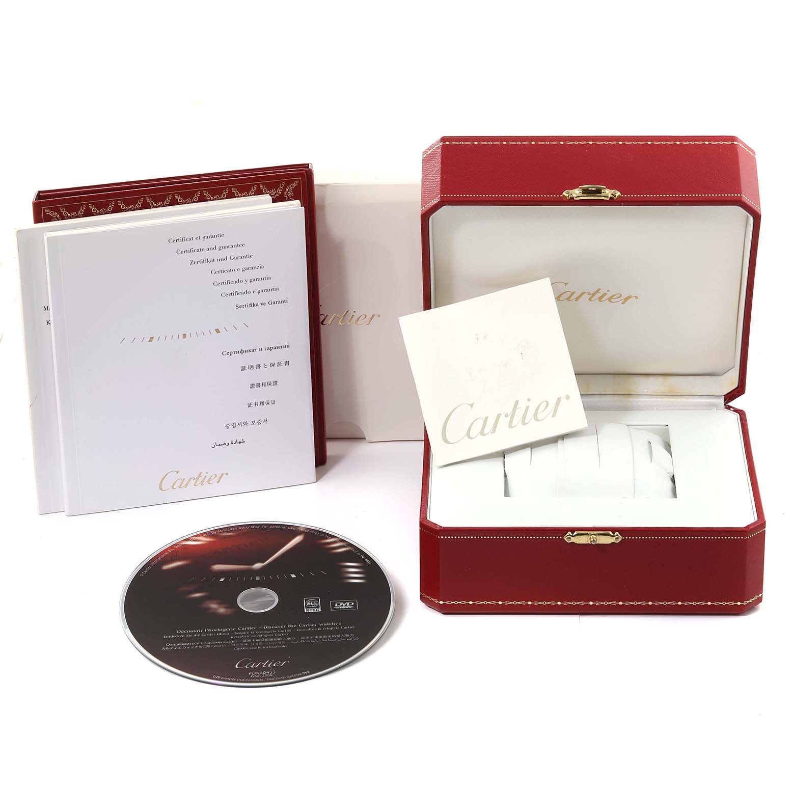This image shows the packaging, manuals, CD, and the watch box for the Cartier Ballon Bleu W69012Z4 Men
s Stainless Steel Silver Dial W69012Z4 Men
s Stainless Steel Silver Dial model.