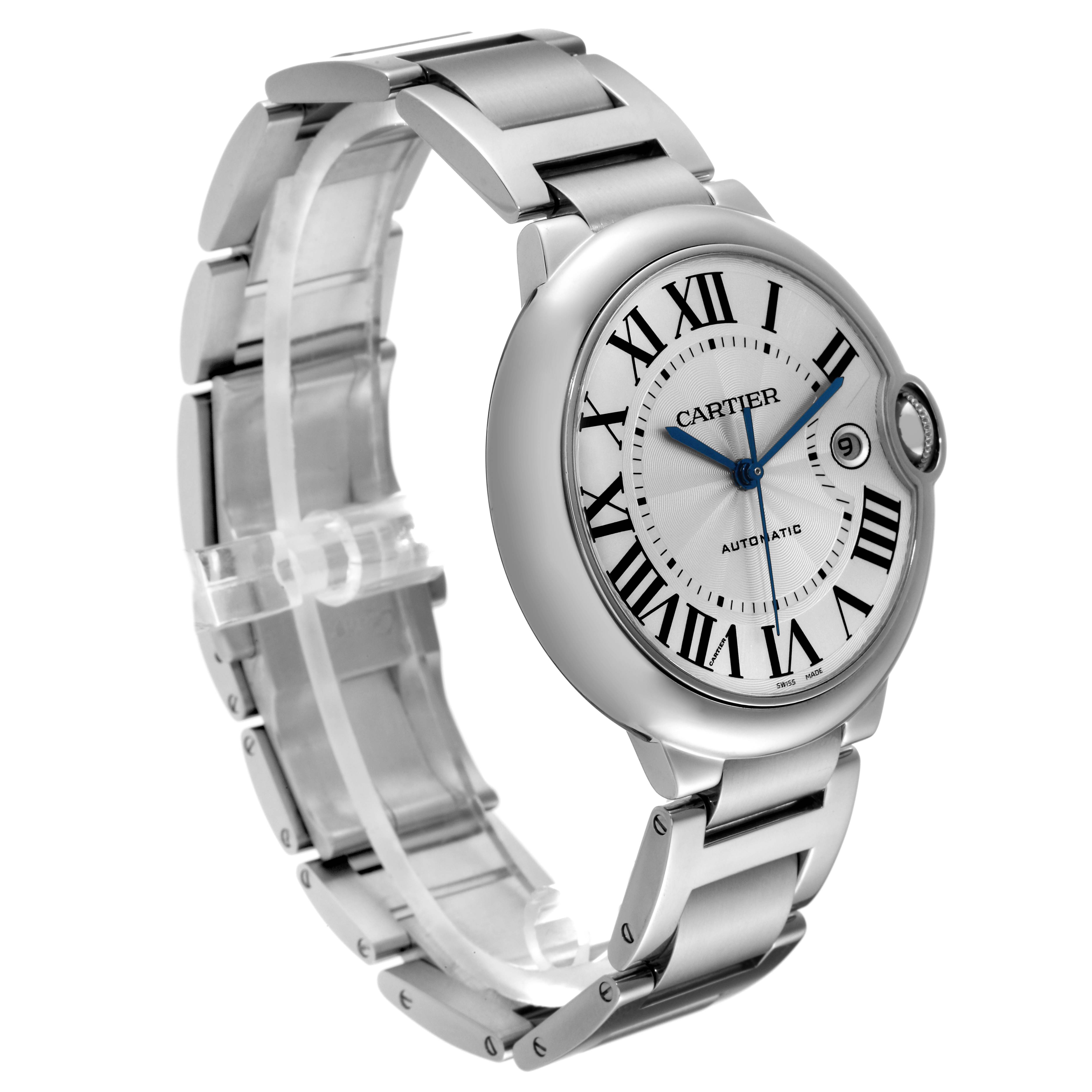 The Cartier Ballon Bleu W69012Z4 Men
s Stainless Steel Silver Dial W69012Z4 Men
s Stainless Steel Silver Dial watch is shown at an angled side view, displaying the dial, crown, and stainless steel bracelet.