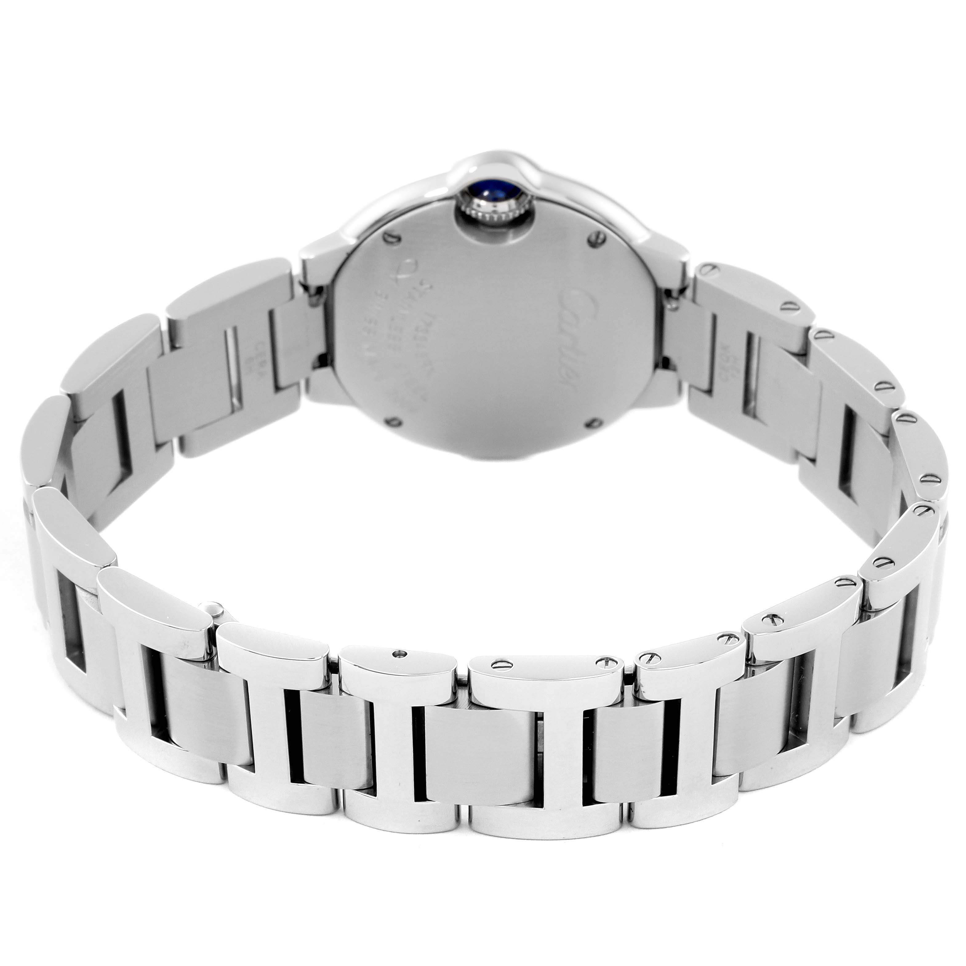This image shows the back case and stainless steel bracelet of the Ballon Bleu model by Cartier from a rear angle.