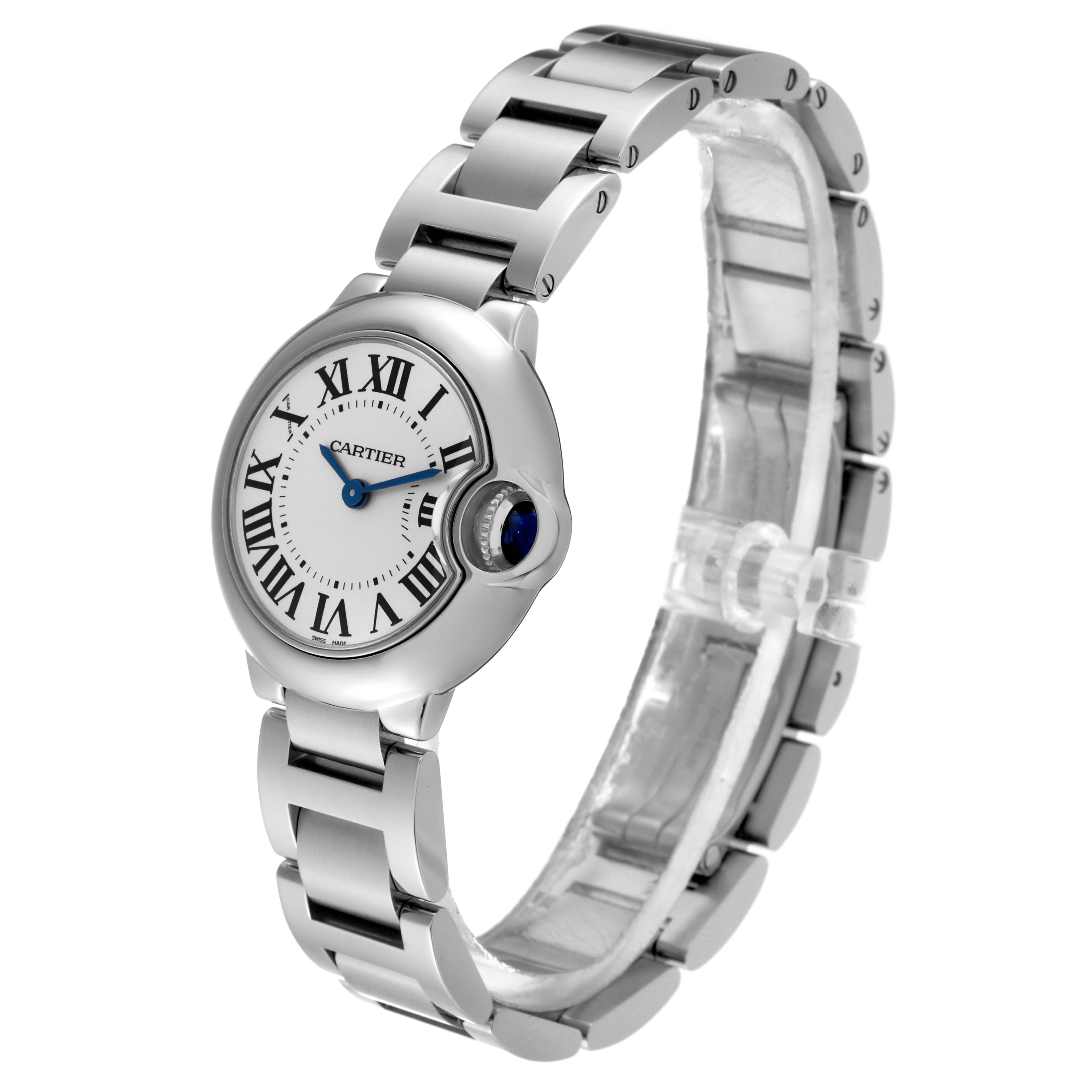 The image shows the Ballon Bleu model by Cartier from a front angle, highlighting the round face and metal bracelet.