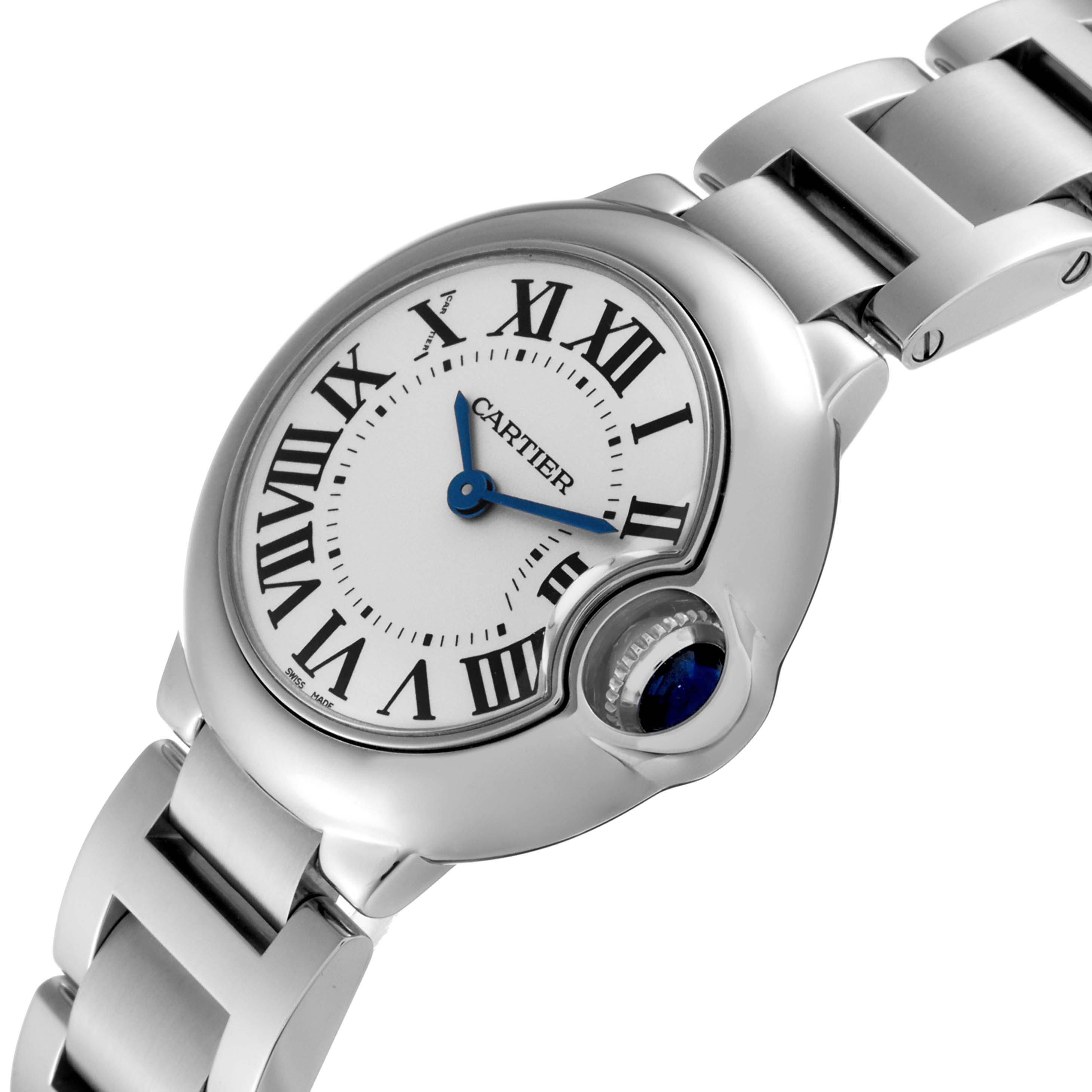 The image shows a close-up of the Ballon Bleu model by Cartier, highlighting the face, crown, and part of the metal bracelet.