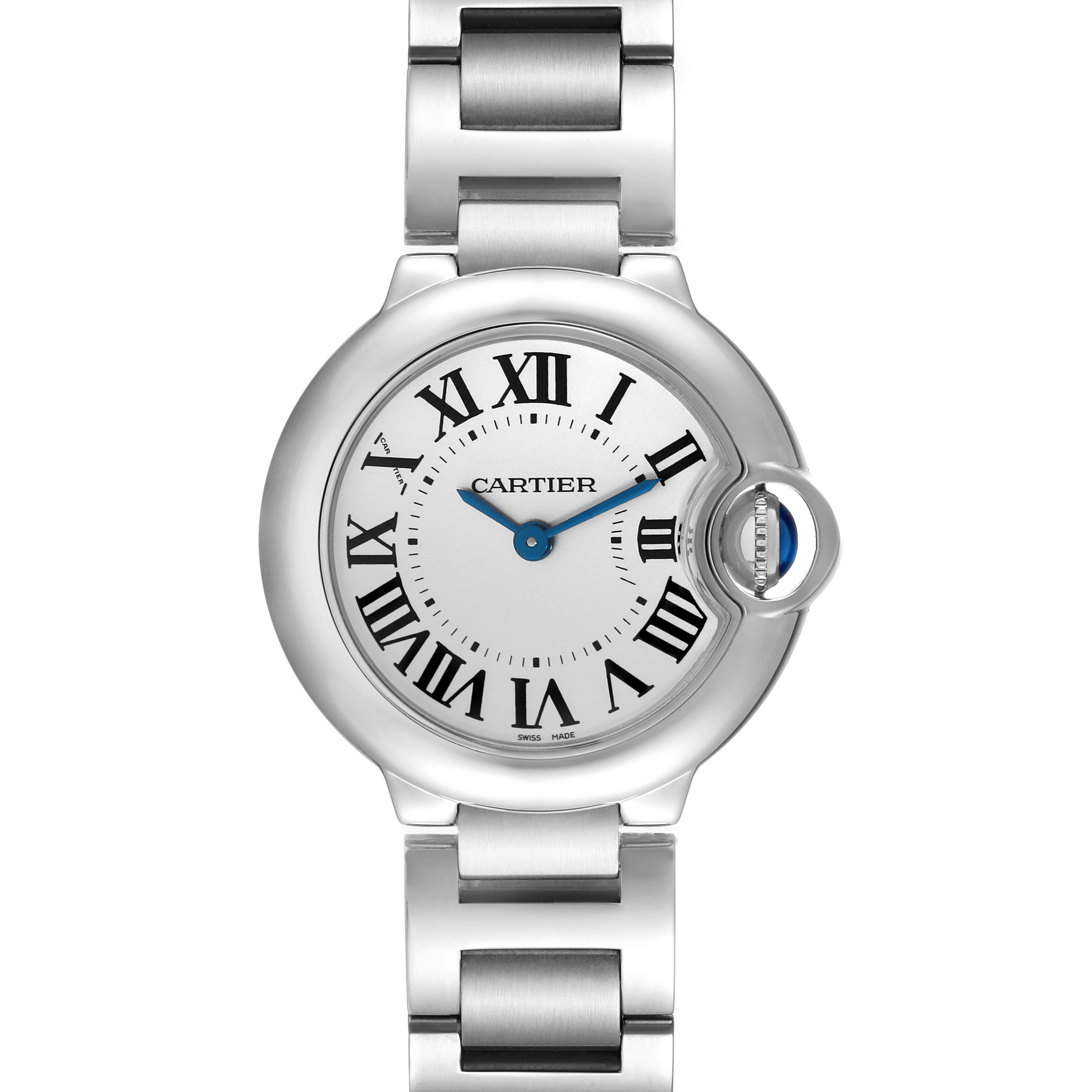 This image shows a front view of the Cartier Ballon Bleu 63096 Women
s Stainless Steel Silver Dial 63096 Women
s Stainless Steel Silver Dial watch, highlighting the face, Roman numerals, and part of the metal bracelet.