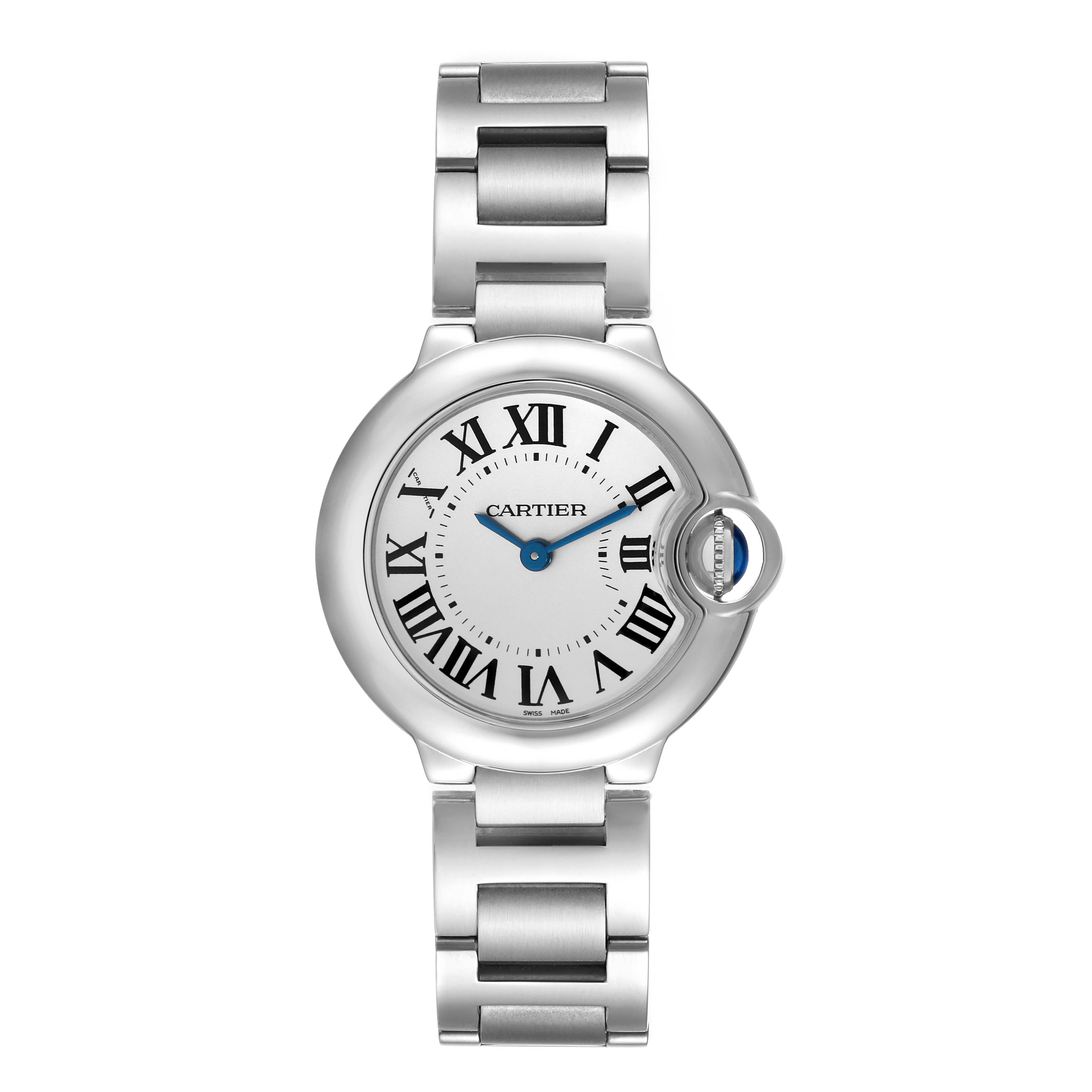 This Ballon Bleu model by Cartier is shown from a top-down angle, displaying the full face and bracelet of the watch.