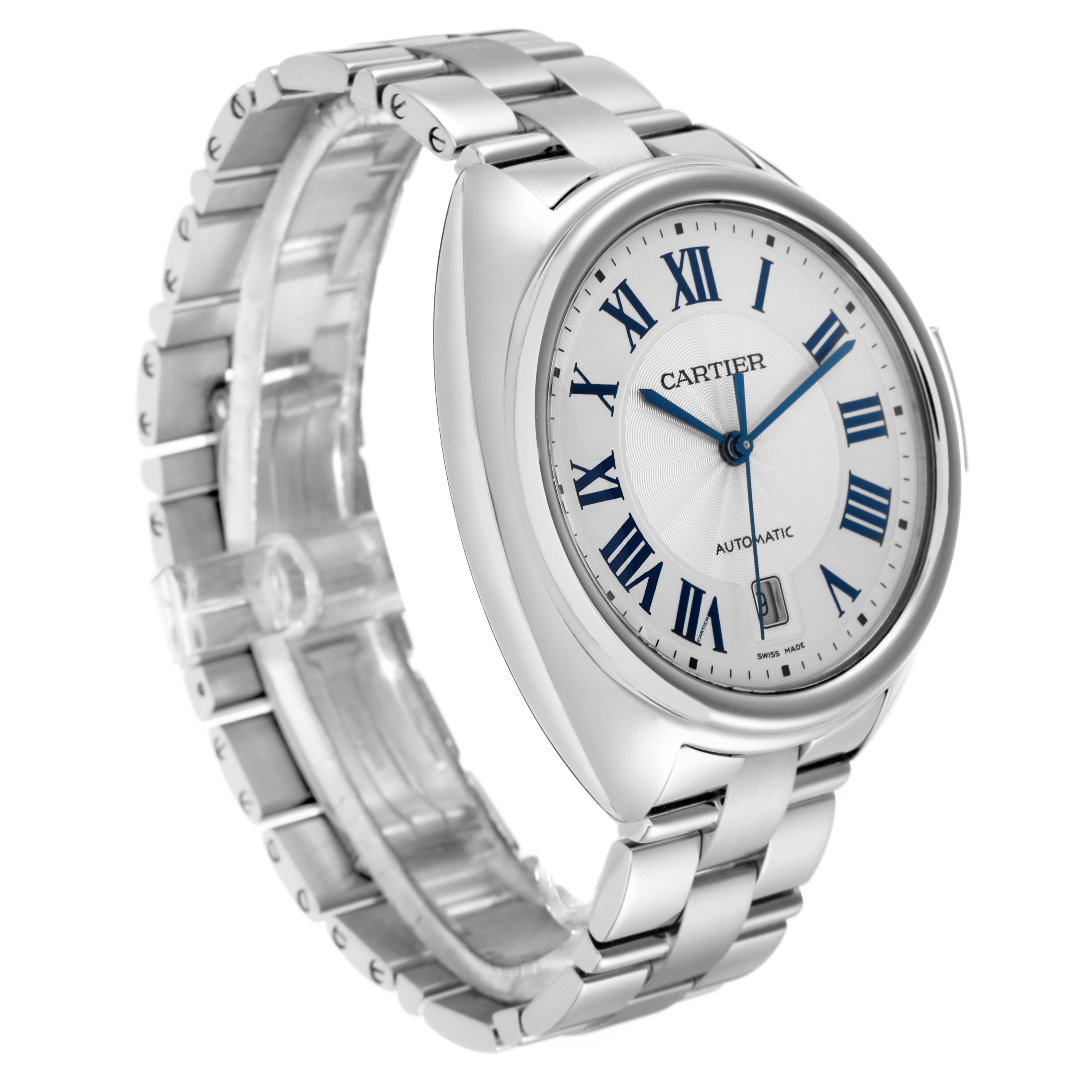 The Cartier Clé watch is shown at a three-quarter angle, highlighting its face, Roman numerals, and metal bracelet.