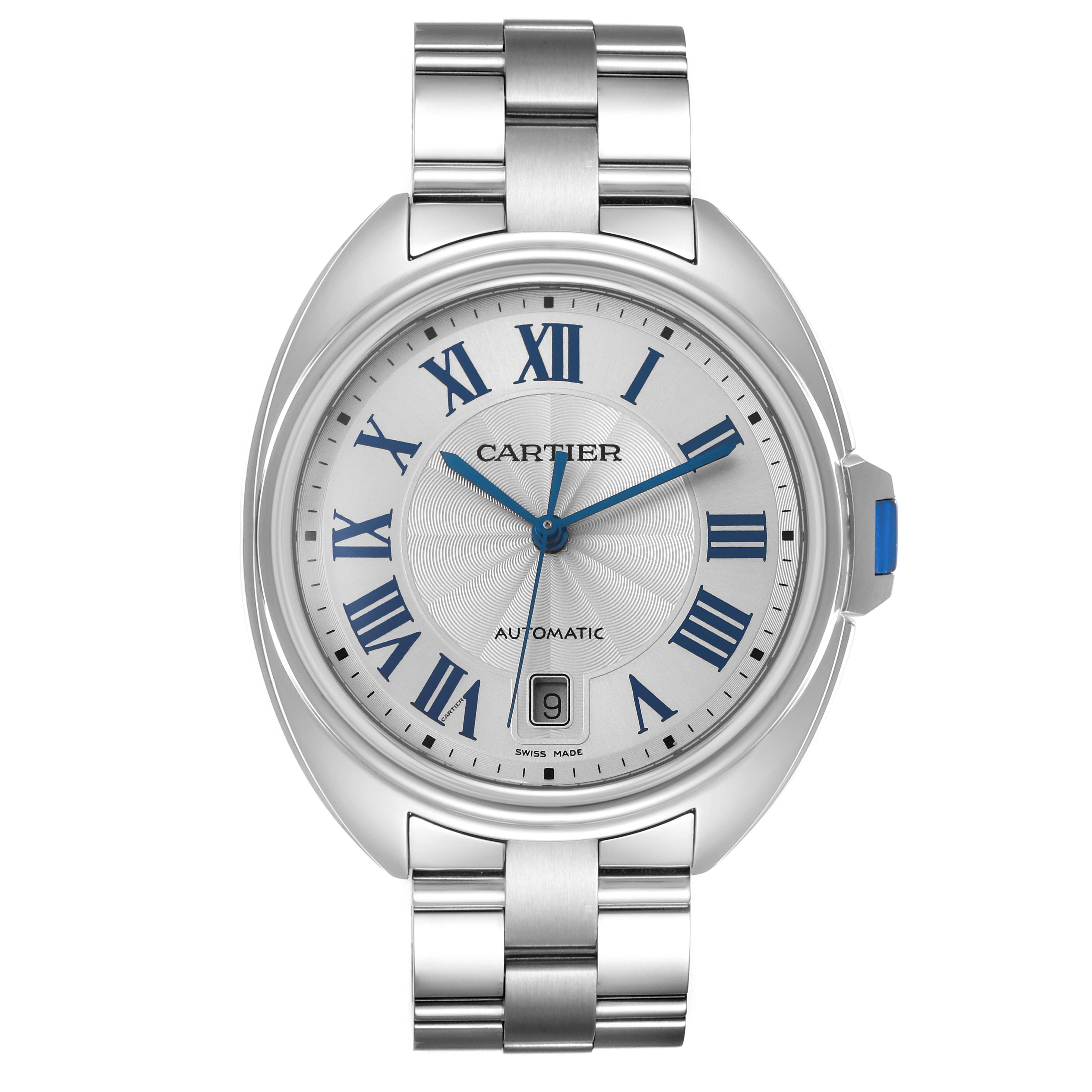 The Cartier Clé watch is shown from a front angle, displaying the dial, case, crown, and part of the bracelet.