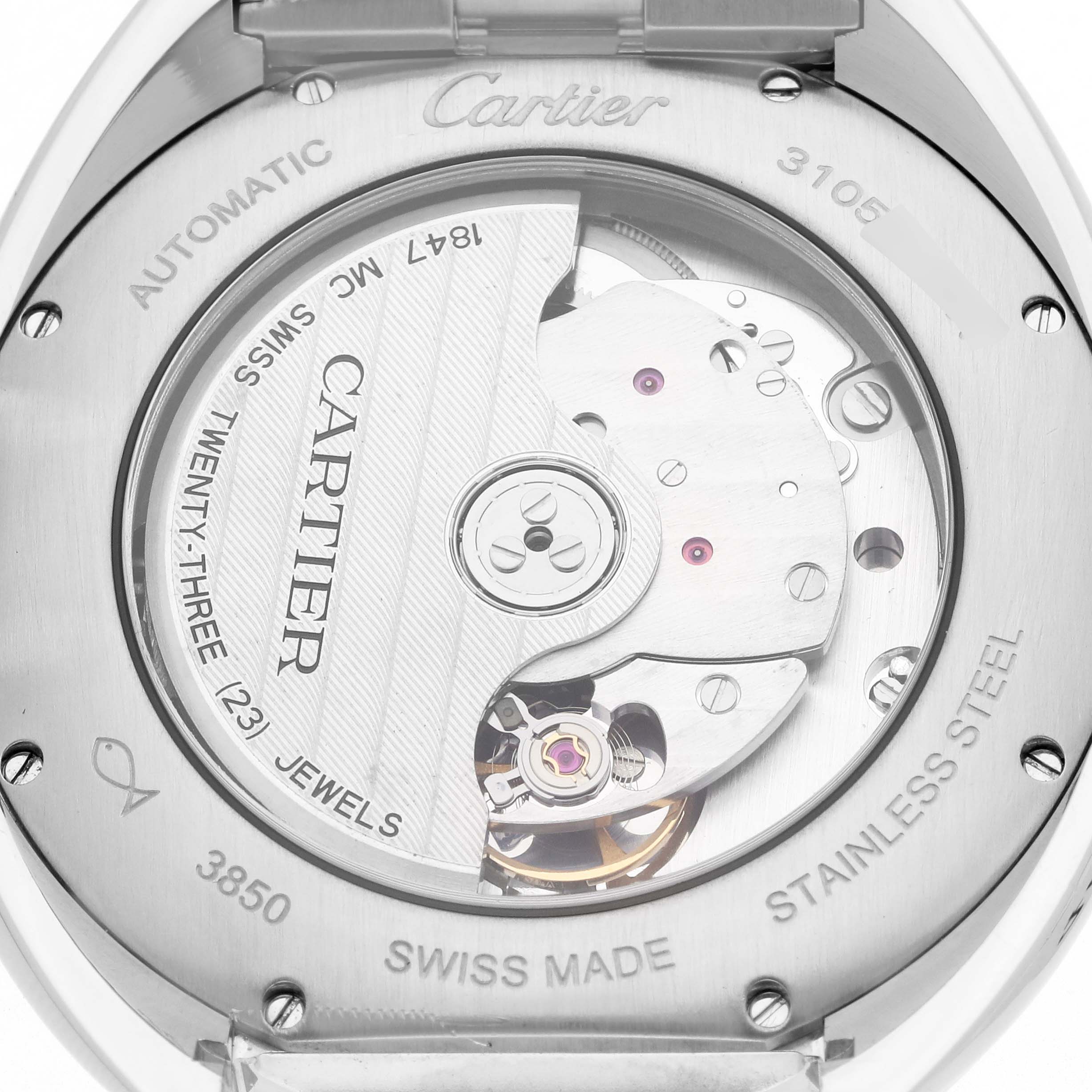 This image shows the back of a Cartier Clé watch, revealing the automatic movement and rotor details.