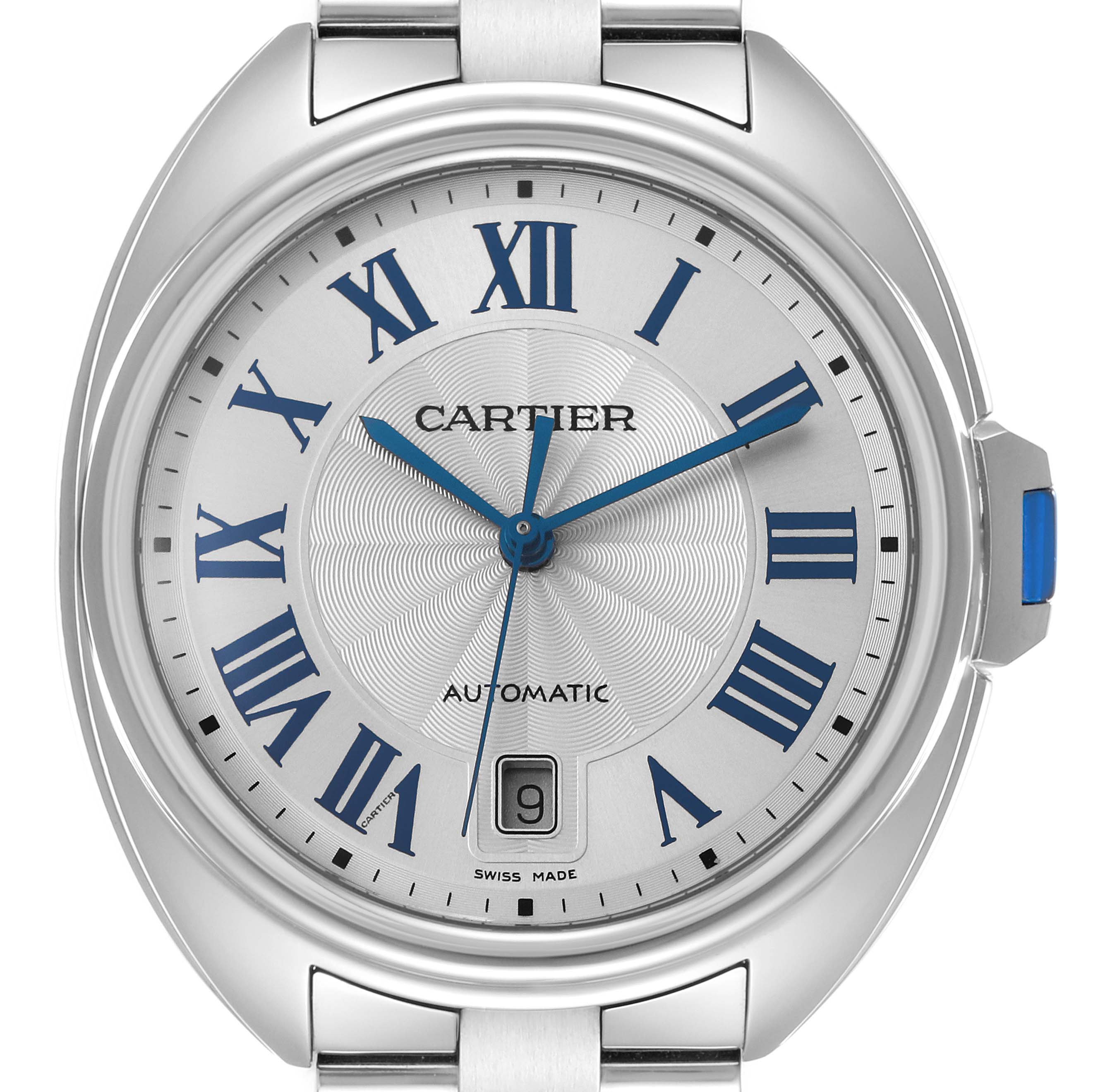 The image shows a front view of the Cartier Clé watch, highlighting the dial, Roman numerals, hands, date window, and part of the bracelet.