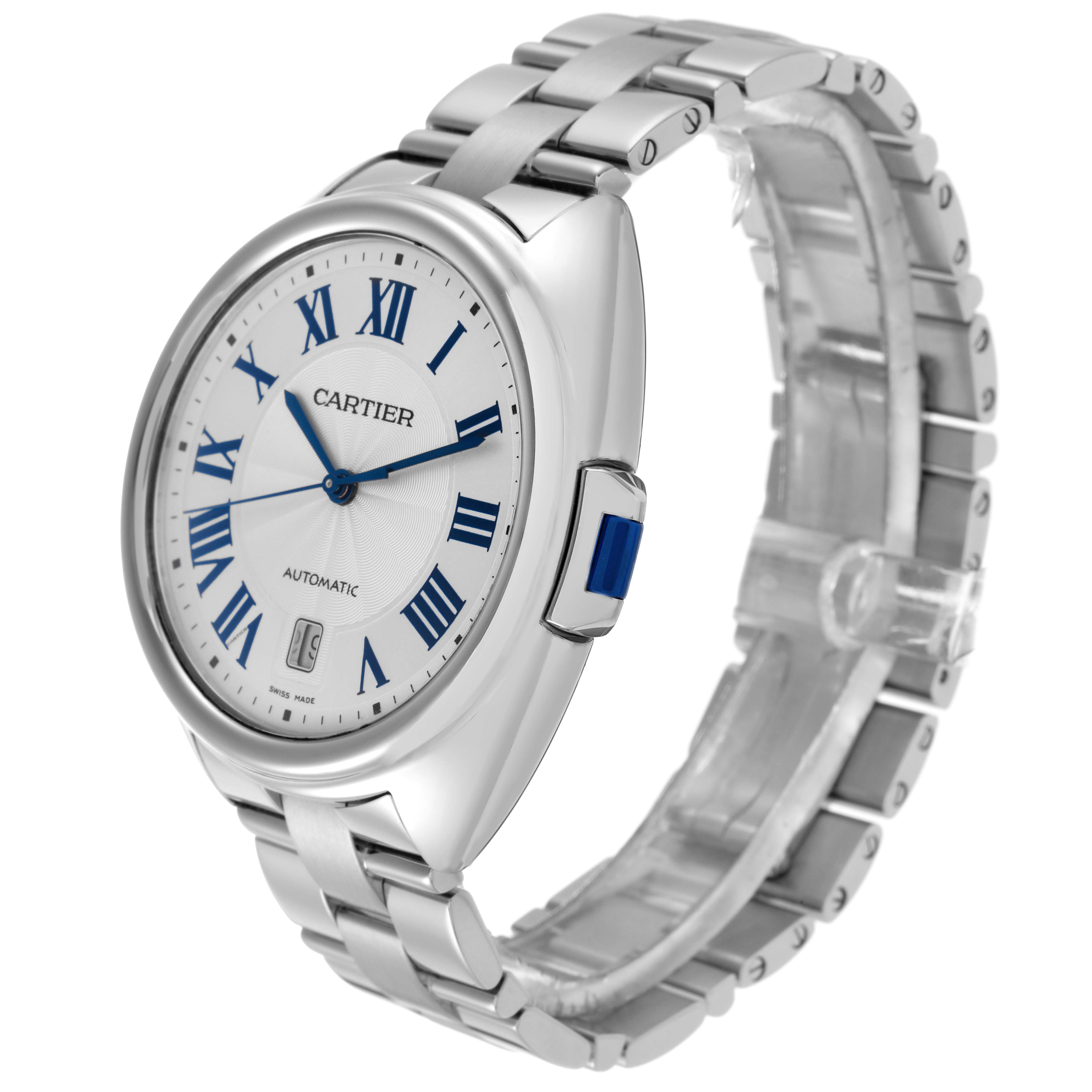 The Cartier Clé watch is shown at a three-quarter angle, highlighting the dial, crown, and bracelet.