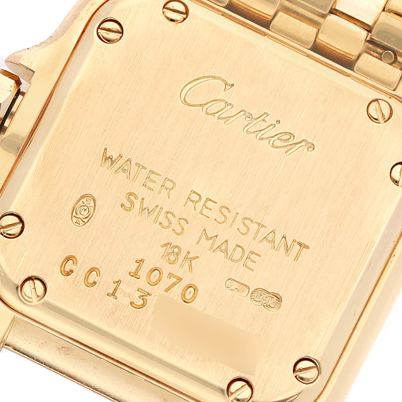 This is the back case of a Panthère de Cartier watch, displaying the Cartier branding, materials, and water resistance.