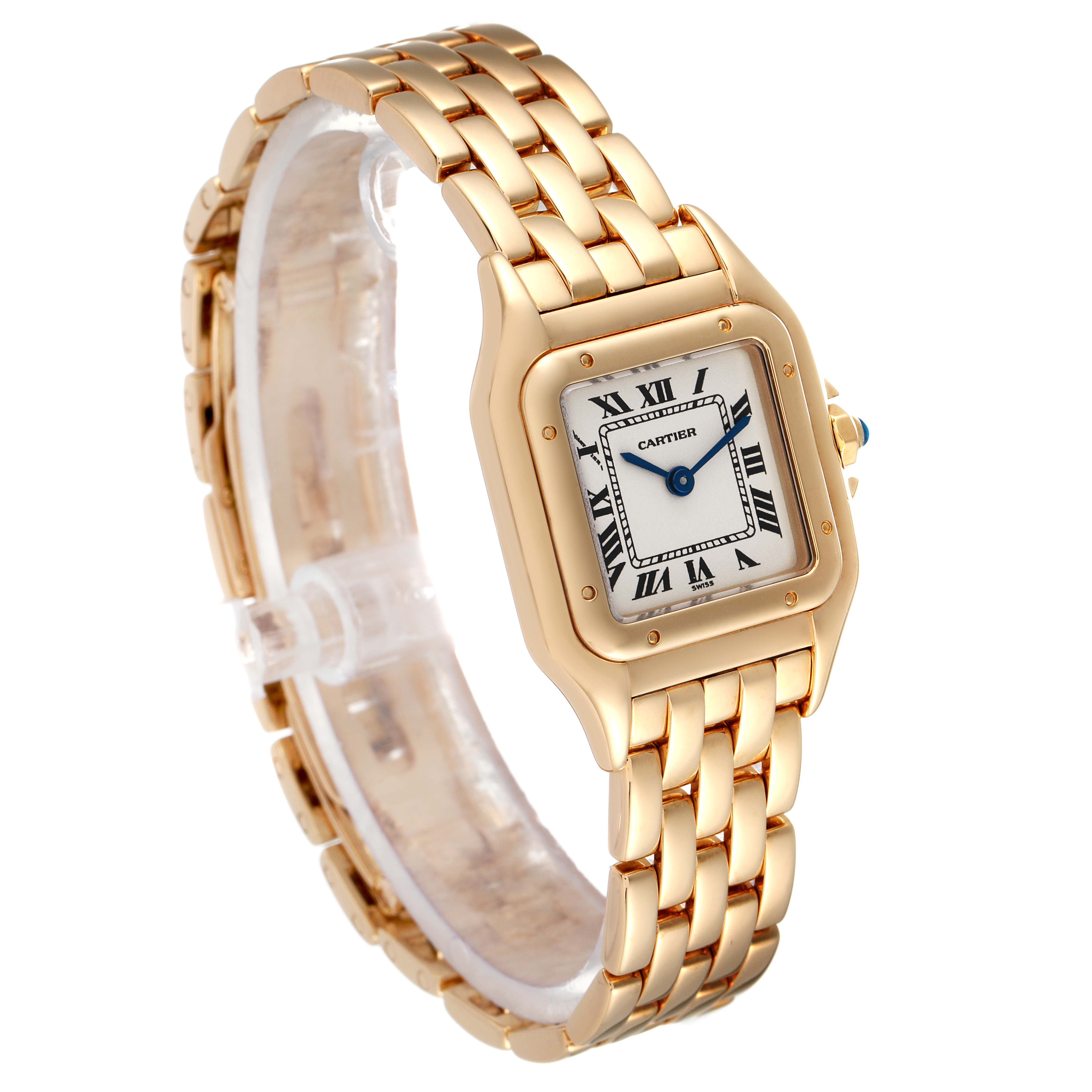 The image shows a Cartier Panthere W25022B9 Women's Yellow Gold Silver Dial W25022B9 Women's Yellow Gold Silver Dial model watch at a three-quarter angle, highlighting its gold bracelet and rectangular face with Roman numerals.