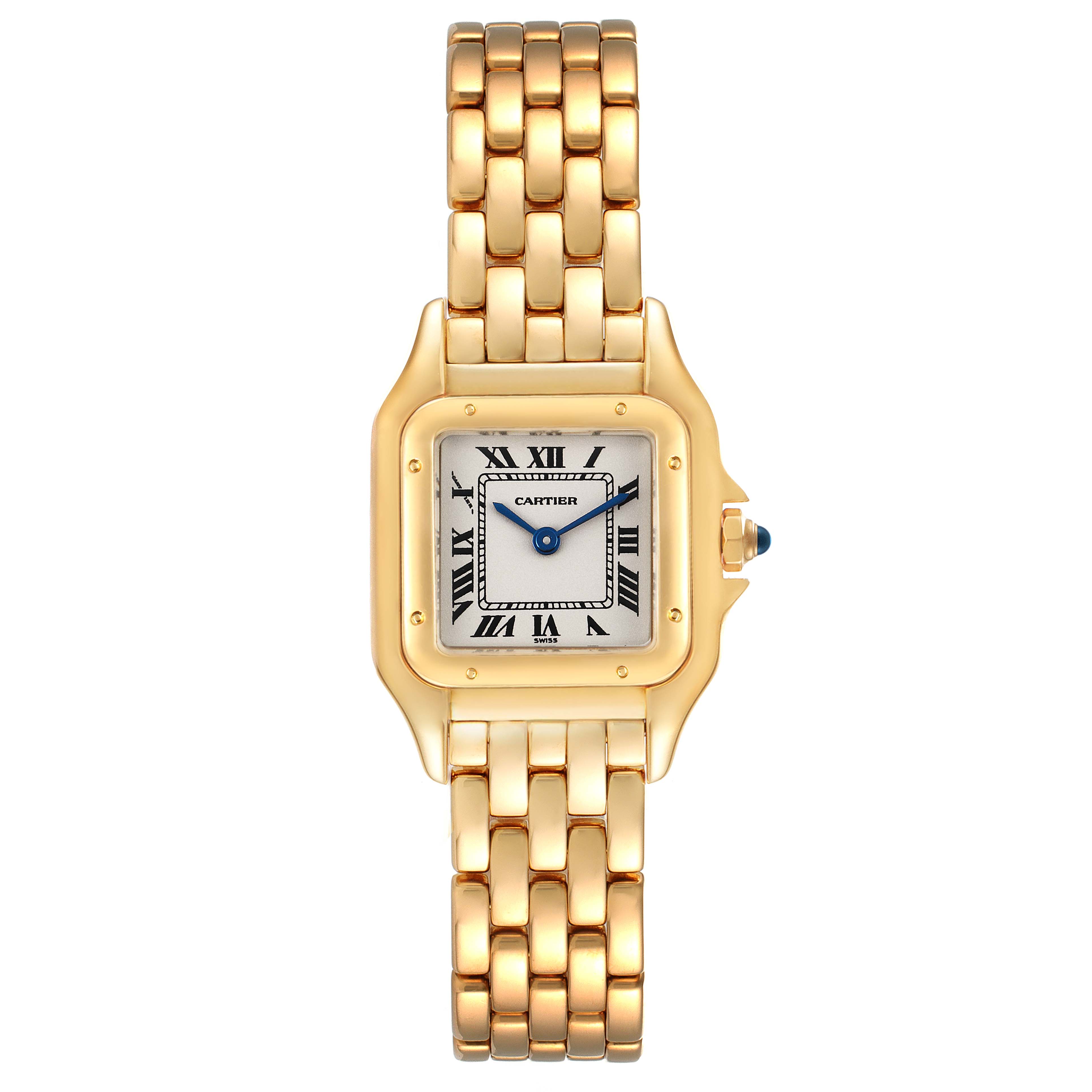 The image shows a frontal view of the Cartier Panthere W25022B9 Women's Yellow Gold Silver Dial W25022B9 Women's Yellow Gold Silver Dial watch, highlighting its gold bracelet, square dial, and Roman numeral markers.