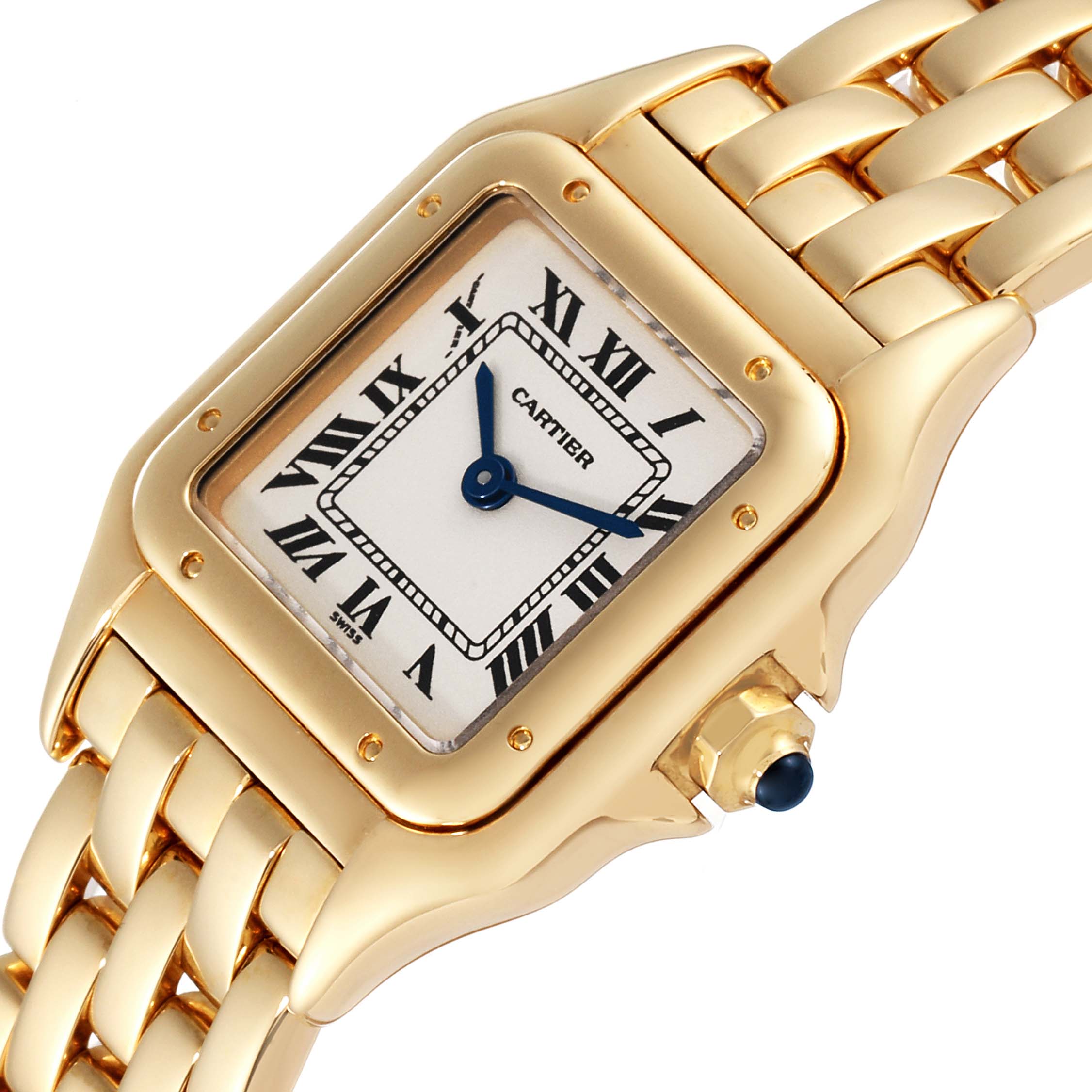 The image shows a Panthere model by Cartier at an angled view, highlighting the dial, Roman numerals, case, and part of the bracelet.
