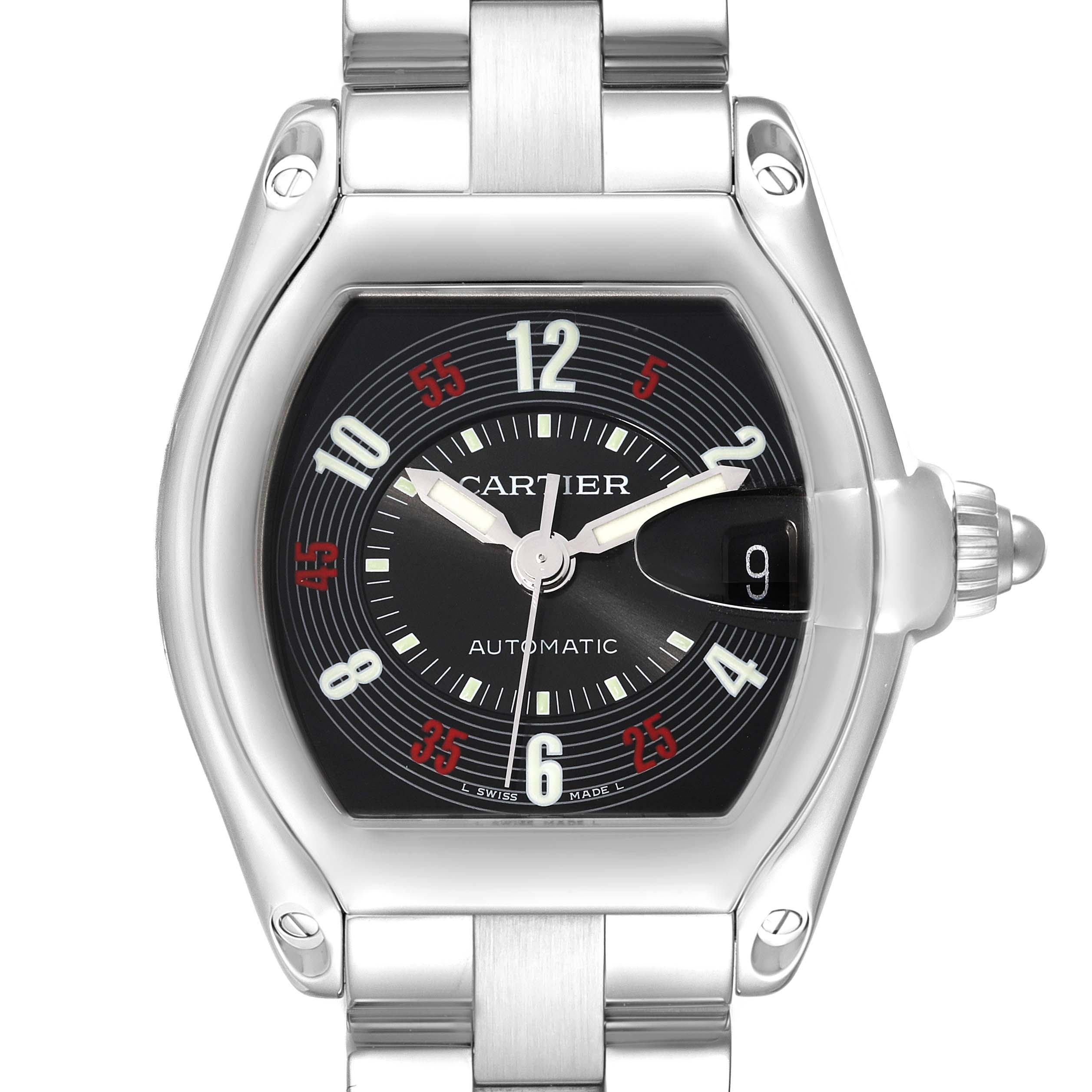 The image shows a Cartier Roadster W62002V3 Men's Stainless Steel Black Dial W62002V3 Men's Stainless Steel Black Dial watch from a top-down angle, highlighting the face, crown, and part of the stainless steel bracelet.