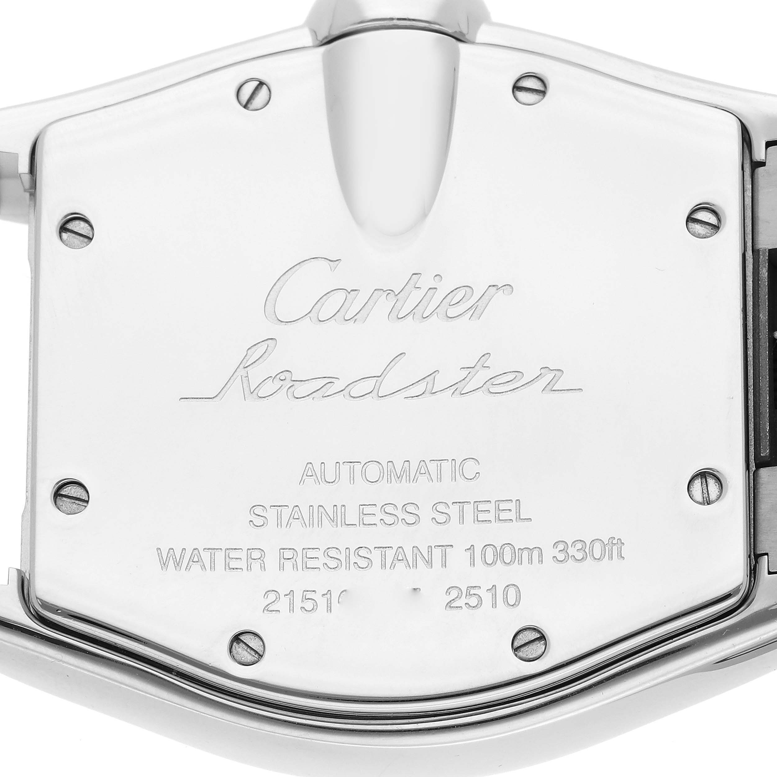 The image shows the back case of a Cartier Roadster W62002V3 Men's Stainless Steel Black Dial W62002V3 Men's Stainless Steel Black Dial watch, displaying engraved details and screws.