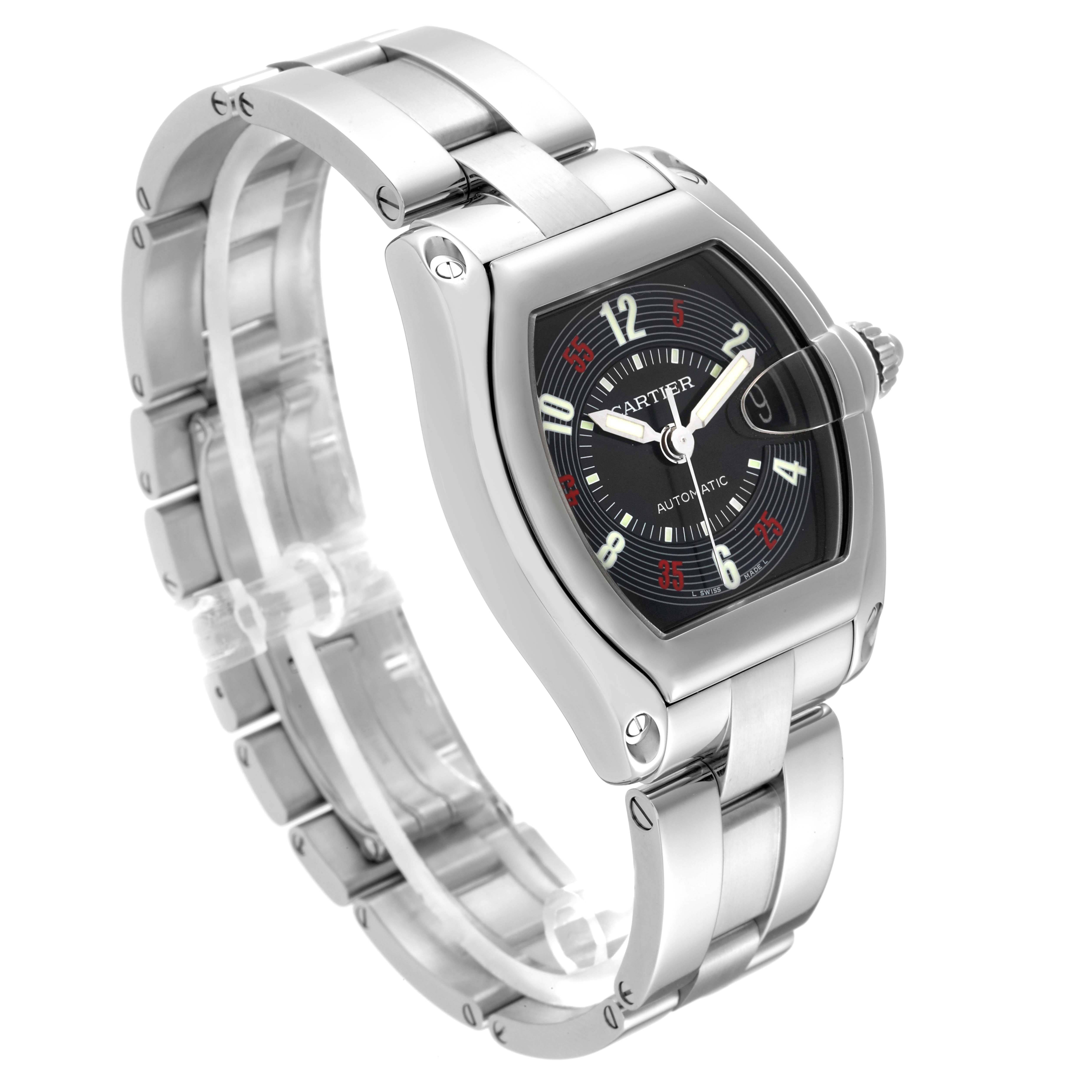 The Cartier Roadster W62002V3 Men's Stainless Steel Black Dial W62002V3 Men's Stainless Steel Black Dial watch is shown at an angle focusing on the dial, bezel, and metal bracelet.