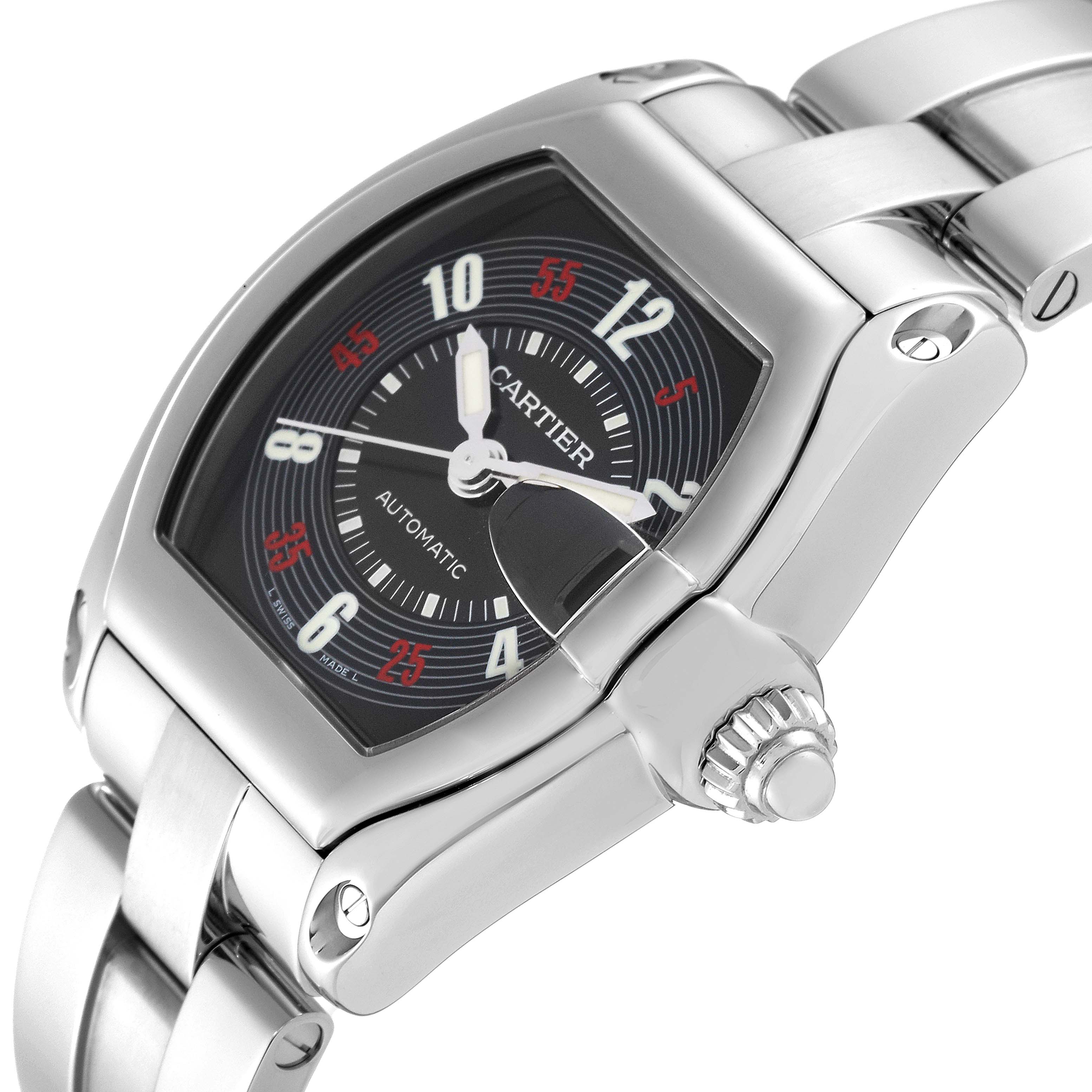 The image shows a top-side angle of the Cartier Roadster W62002V3 Men's Stainless Steel Black Dial W62002V3 Men's Stainless Steel Black Dial watch, highlighting the face, bezel, and bracelet.