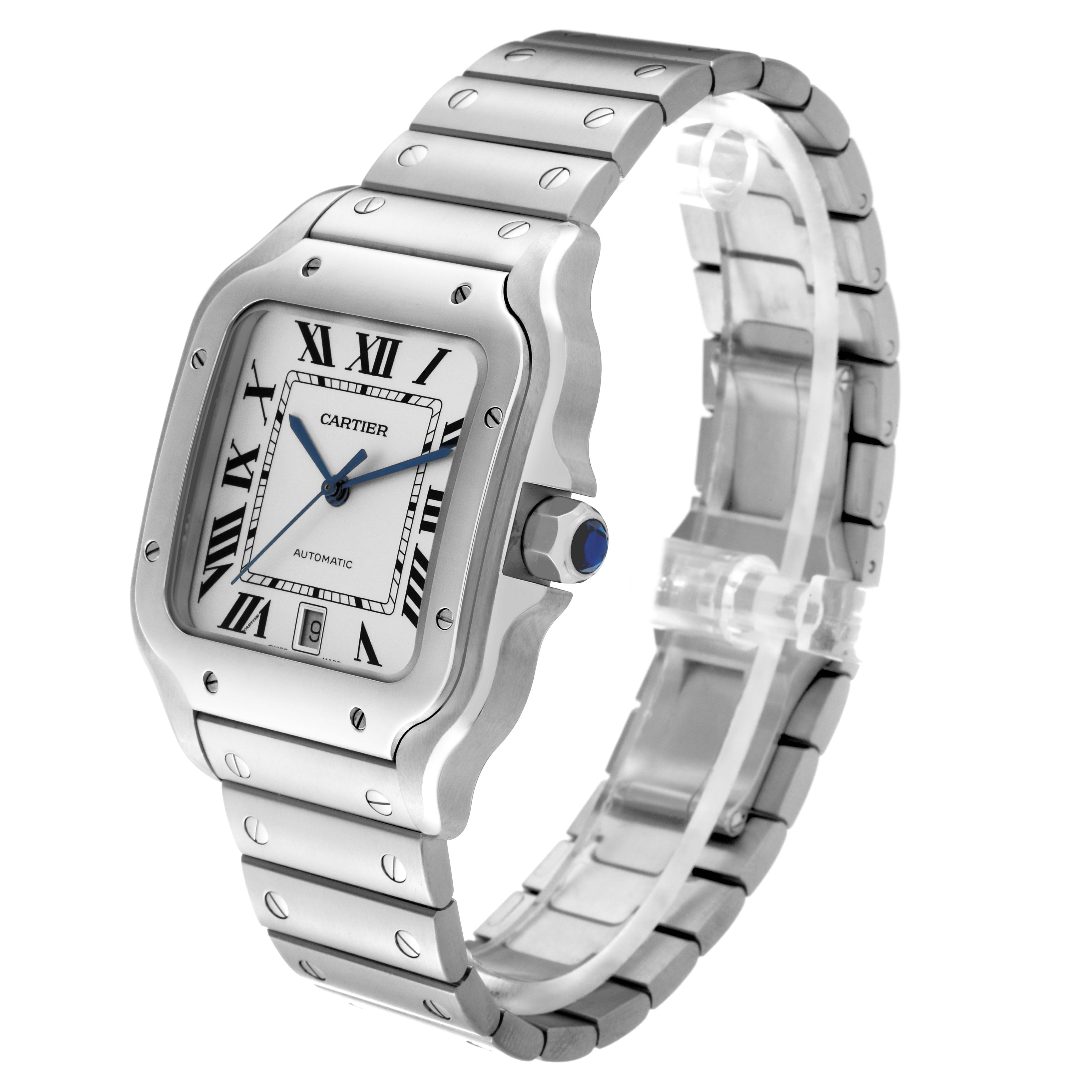 The image shows a Cartier Santos WSSA0018 Men
s Stainless Steel Silver Dial WSSA0018 Men
s Stainless Steel Silver Dial watch at a three-quarter angle, highlighting its silver bezel, bracelet, and Roman numeral dial.