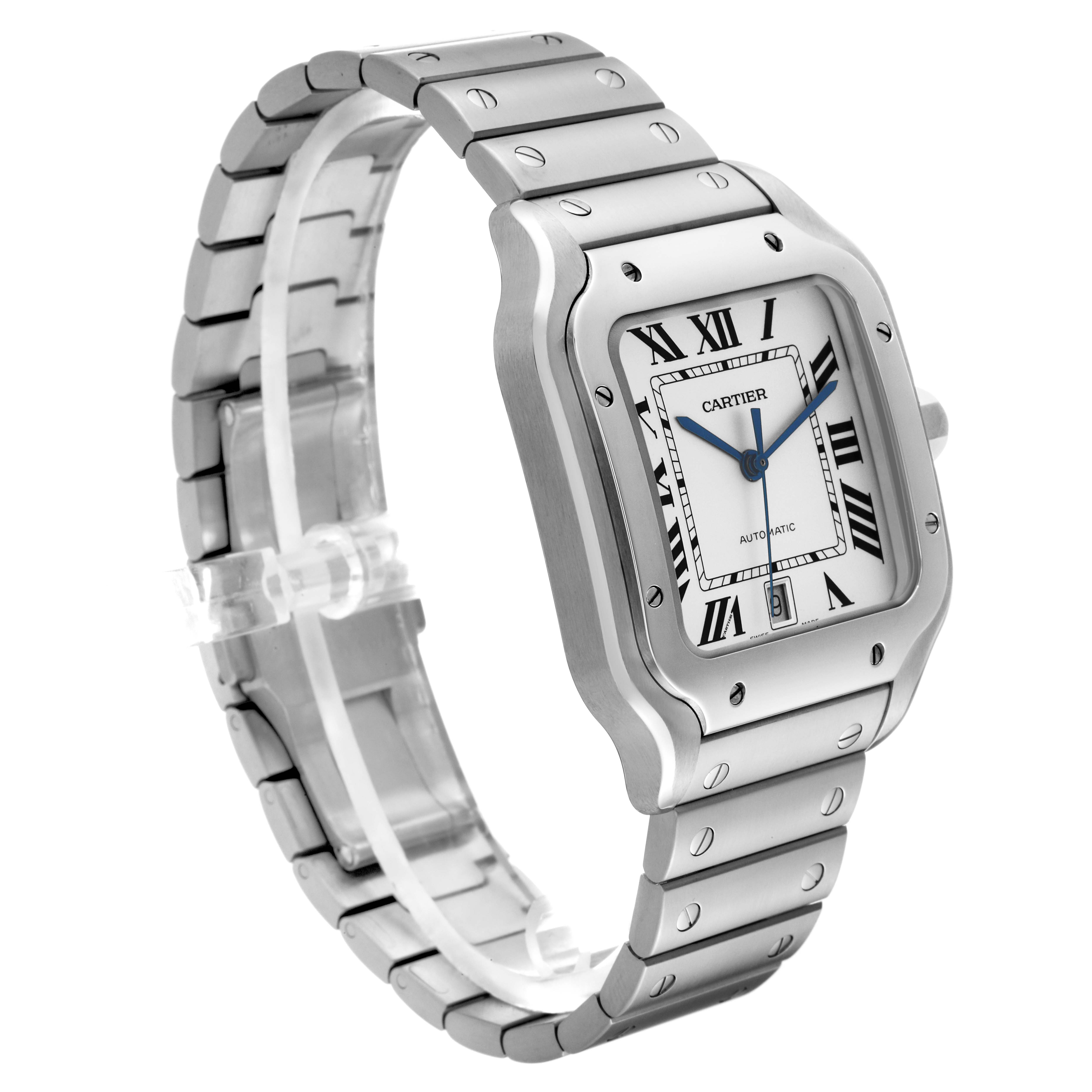 The image shows a Cartier Santos WSSA0018 Men
s Stainless Steel Silver Dial WSSA0018 Men
s Stainless Steel Silver Dial watch at a slightly tilted side angle, highlighting the face, bezel, and metal bracelet.