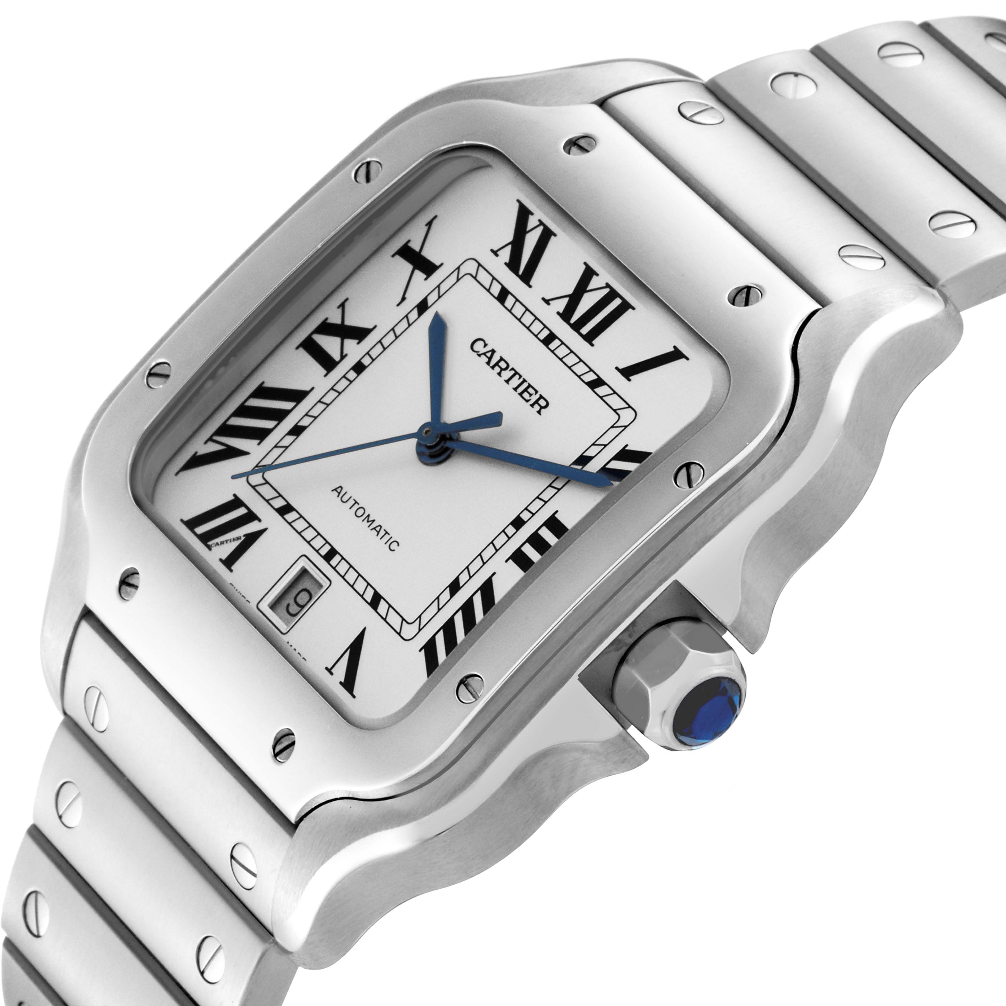 The image shows a side-angle view of the Cartier Santos WSSA0018 Men
s Stainless Steel Silver Dial WSSA0018 Men
s Stainless Steel Silver Dial watch, highlighting the dial, bezel, case, crown, and part of the bracelet.