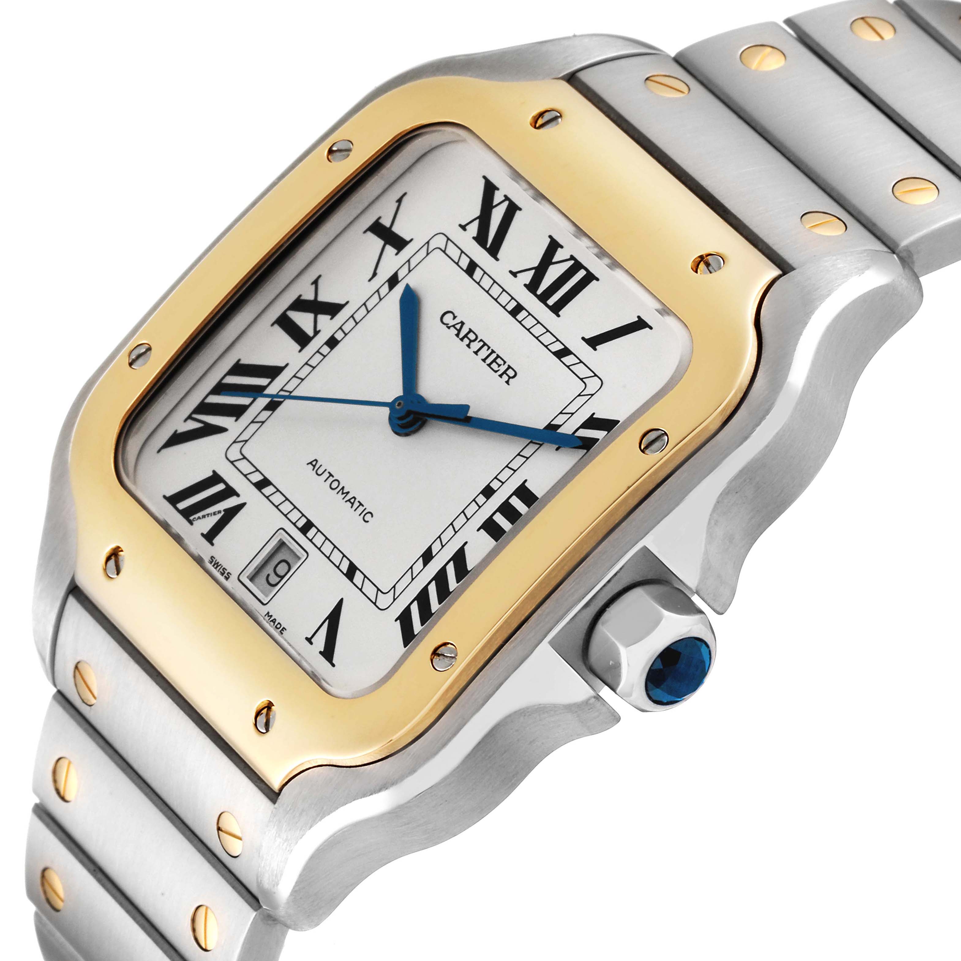 This image shows the face and side view of the Santos model wristwatch by Cartier, highlighting the bezel, crown, and bracelet.
