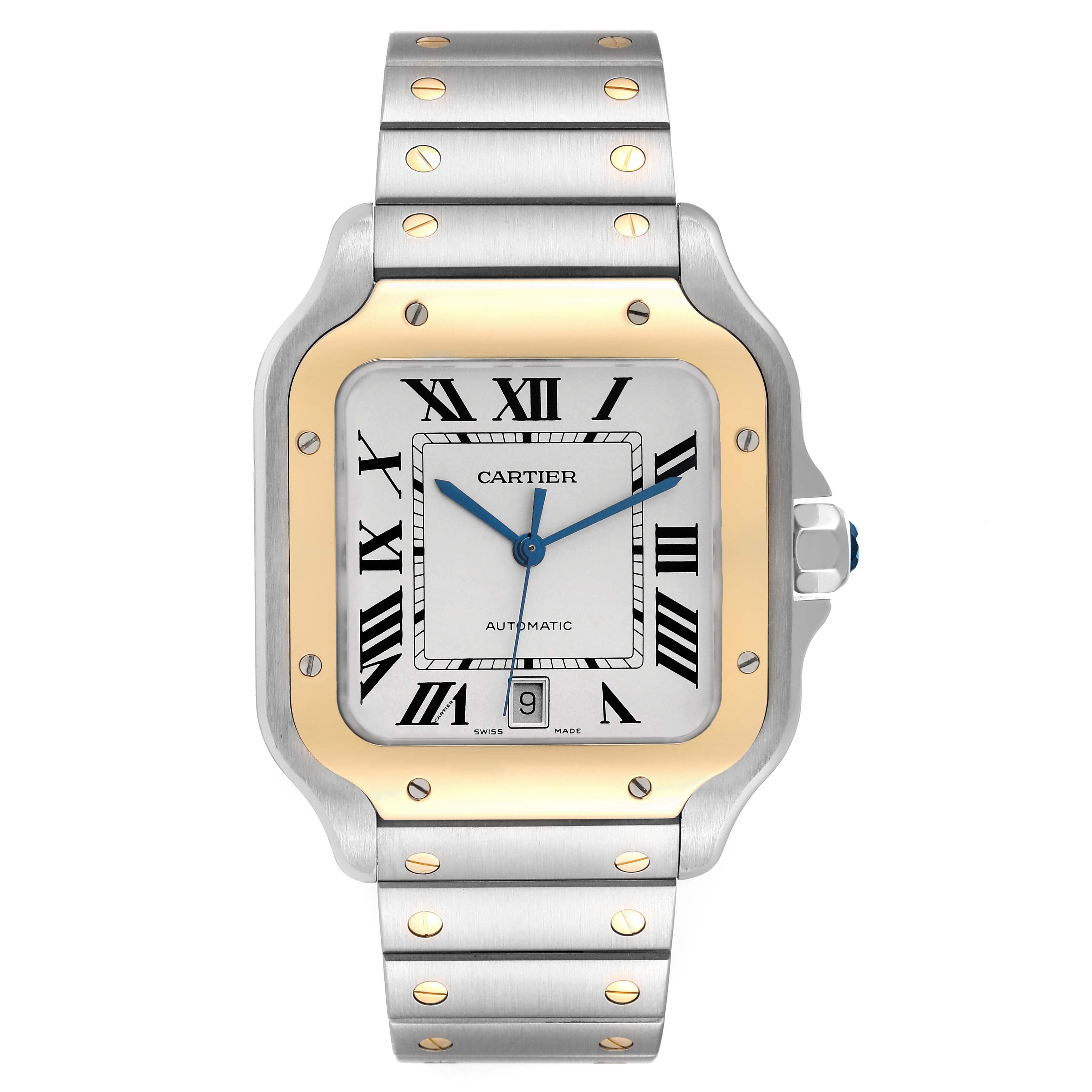 This Cartier Santos W2SA0009 Men
s Steel and Gold (two tone) Silver Dial W2SA0009 Men
s Steel and Gold (two tone) Silver Dial watch is shown in a front view, displaying the face, bezel, and bracelet.