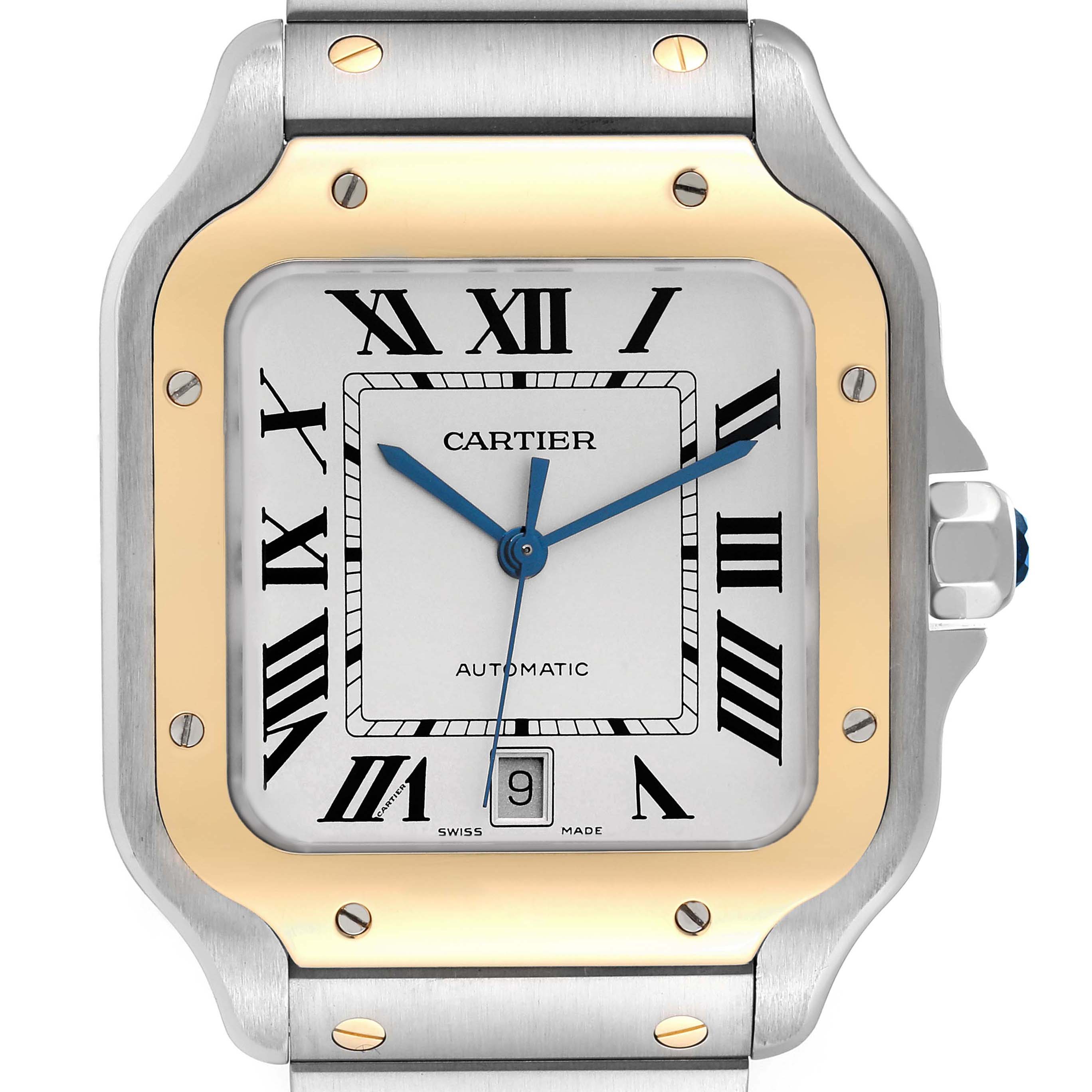 This image shows a close-up, front-facing view of the dial and bezel of the Santos model by Cartier.